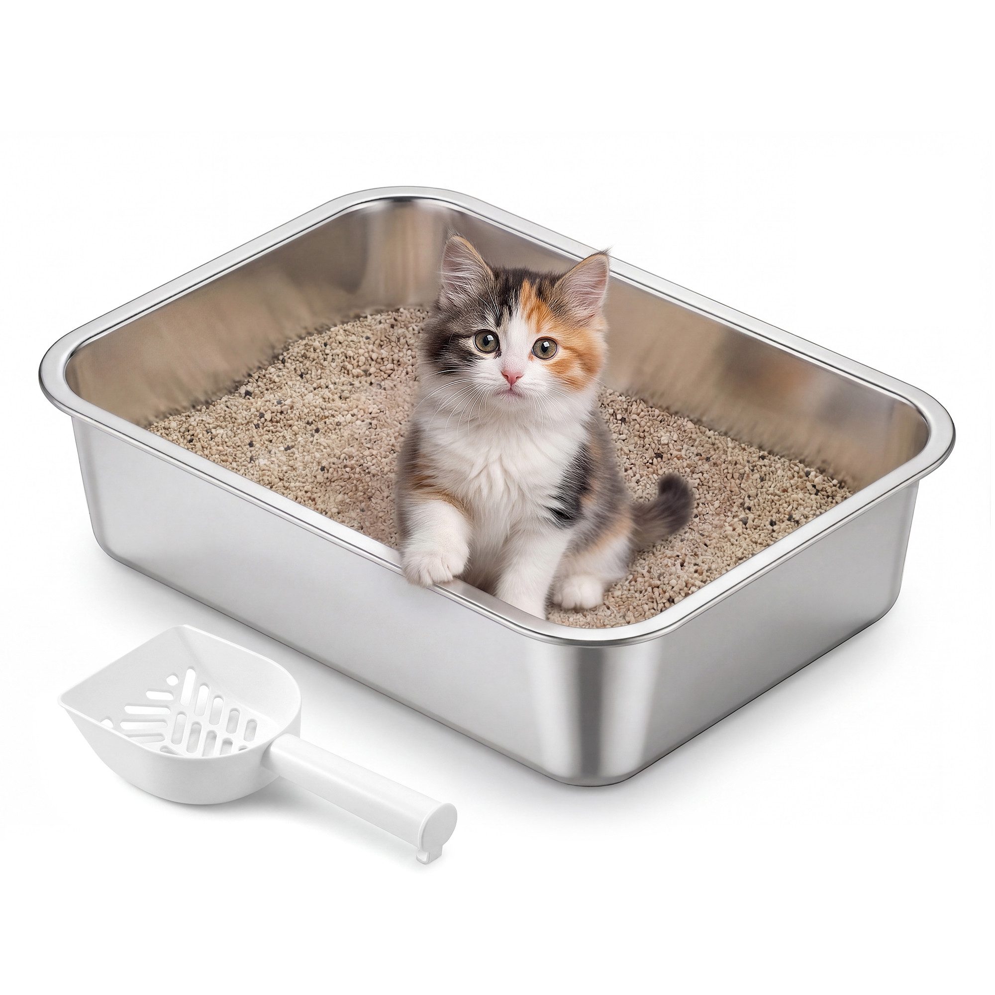 FEANDREA Katzentoilette Katzenklo Edelstahl, mit Schaufel, antihaftbeschichtet, geruchsfrei, S, 40 x 30 x 10 cm, für Kätzchen und kleine Katzen