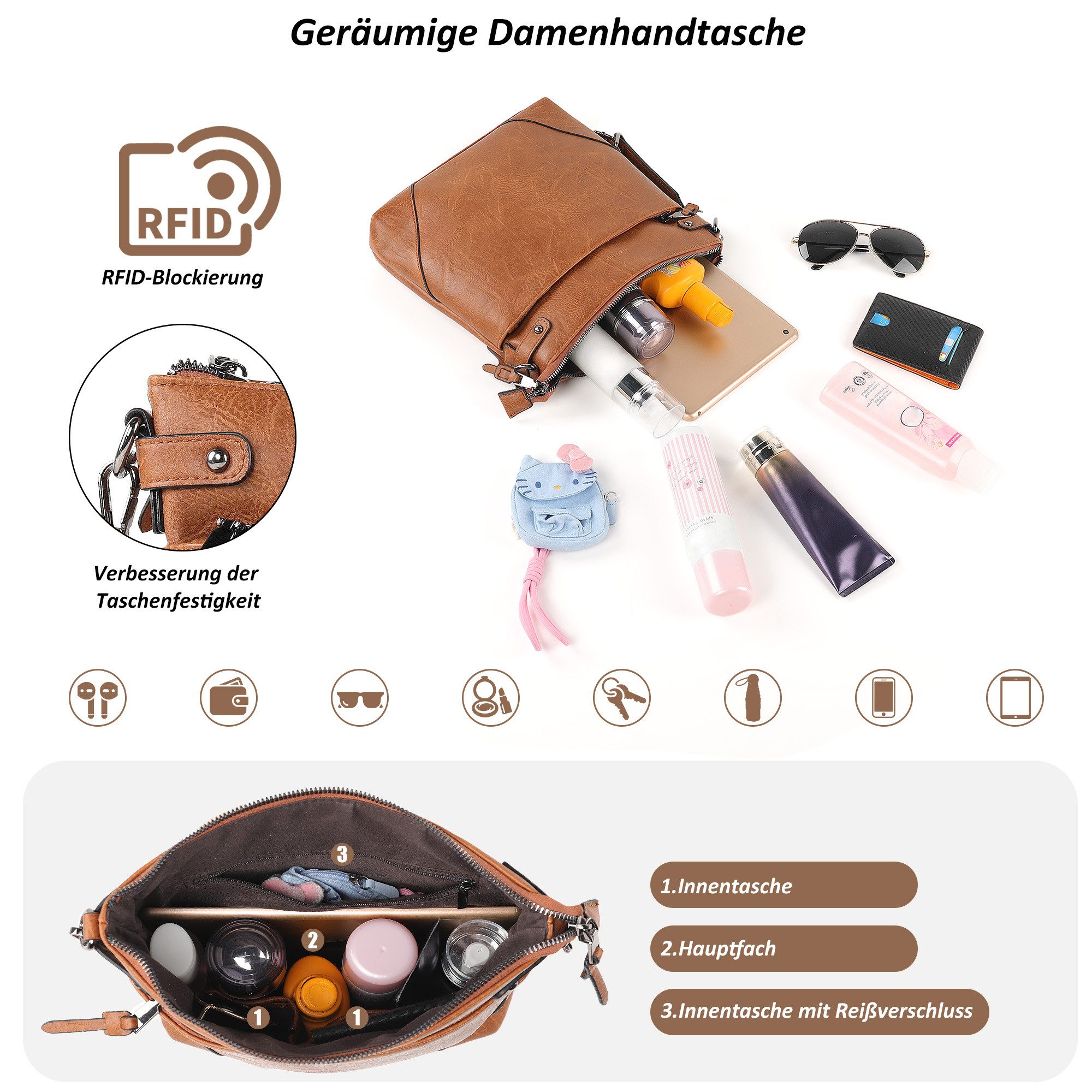 TANTOMI Umhängetasche Damen Schultertasche Mittelgroß mit Vielen Fächern Freizeit leicht, Damen Handtasche Henkeltasche Schultertasche Crossbody Bag – Bild 4 von 5