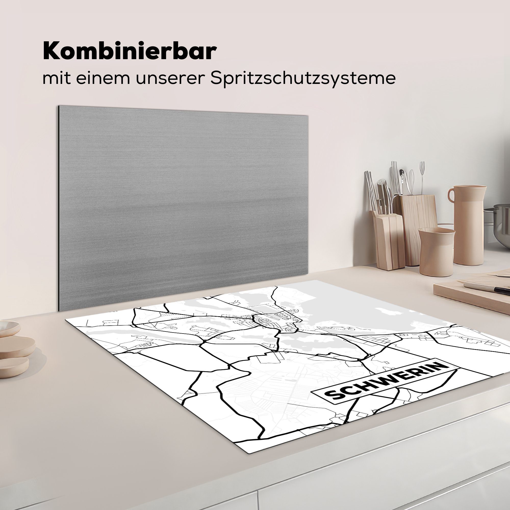 Karte, (1 tlg), Vinyl, - küche Stadtplan für Arbeitsplatte Schwerin Ceranfeldabdeckung, 78x78 Herdblende-/Abdeckplatte MuchoWow cm, -