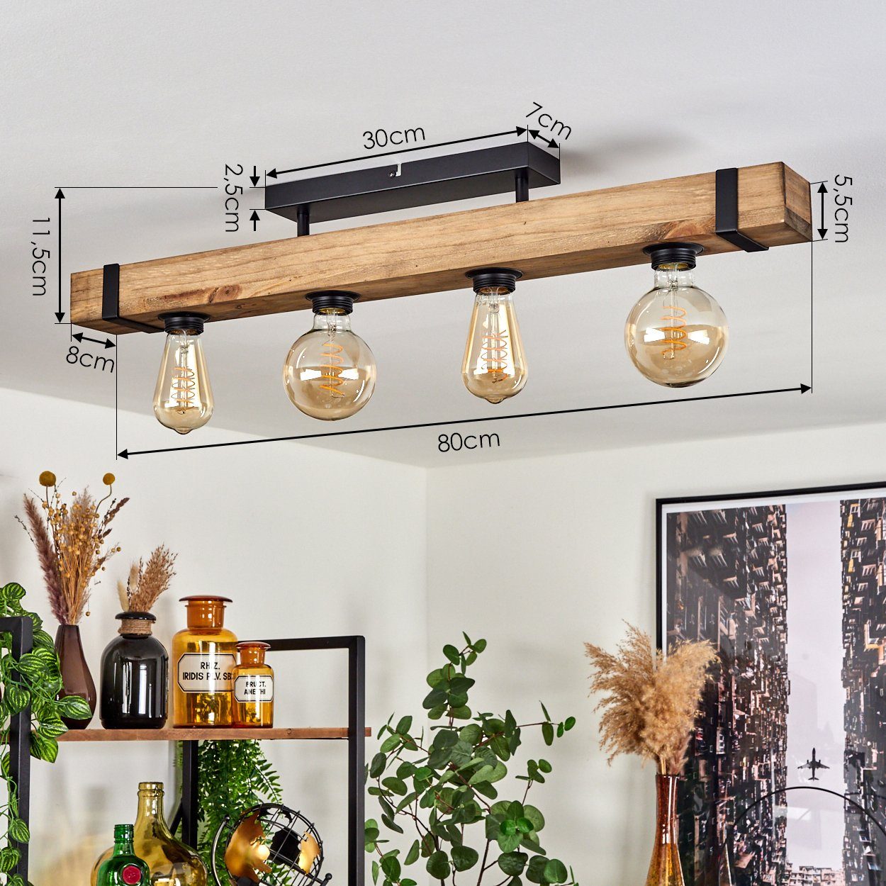 hofstein Deckenleuchte »Bollengo« moderne Deckenlampe aus Metall/Holz in Schwarz/Natur, ohne Leuchtmittel, Leuchte mit Holzstab im Vintage-Design, 4xE27 – Bild 4 von 5