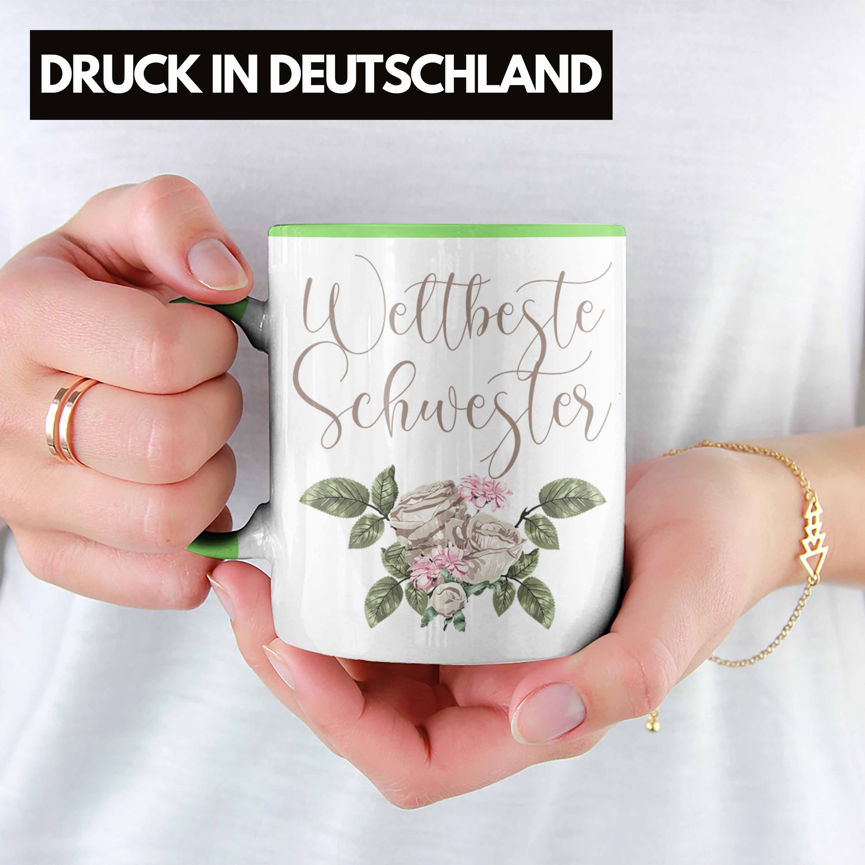 Trendation Schwester Trendation Weltbeste - Schwester Geburtstag Tasse Lustiger Schwesterherz Tasse Geschenk Spruch Grün