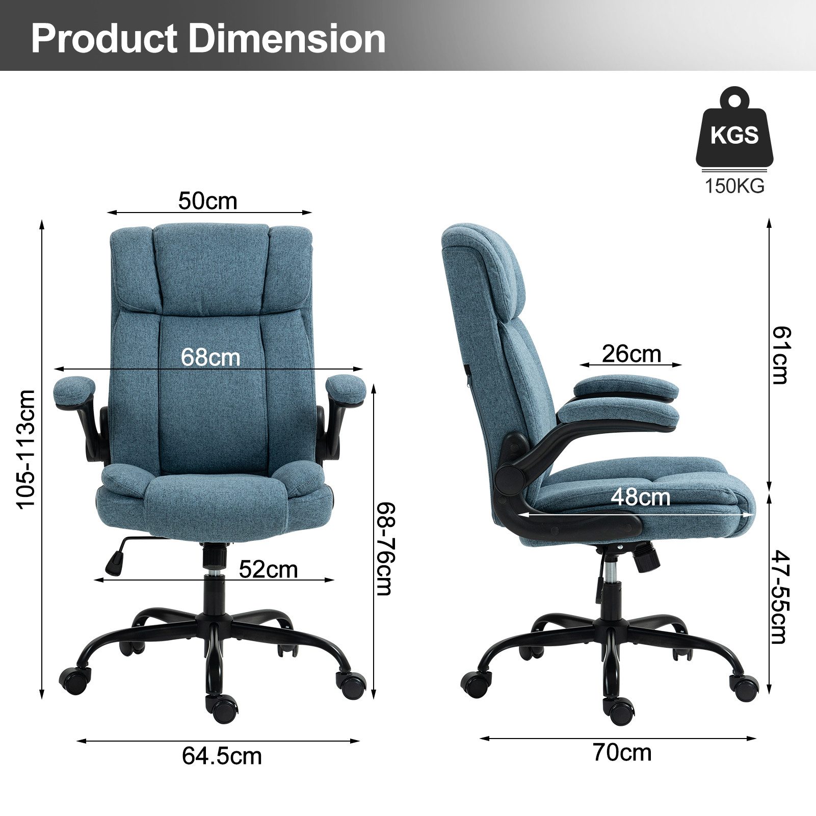 LIYURUI Bürostuhl Ergonomischer 150KG Belastbarkeit Chefsessel Stoff Flip-up Armlehnen (1 St), mit Hoher Rückenlehne und Breitem Sitz, blau – Bild 4 von 5