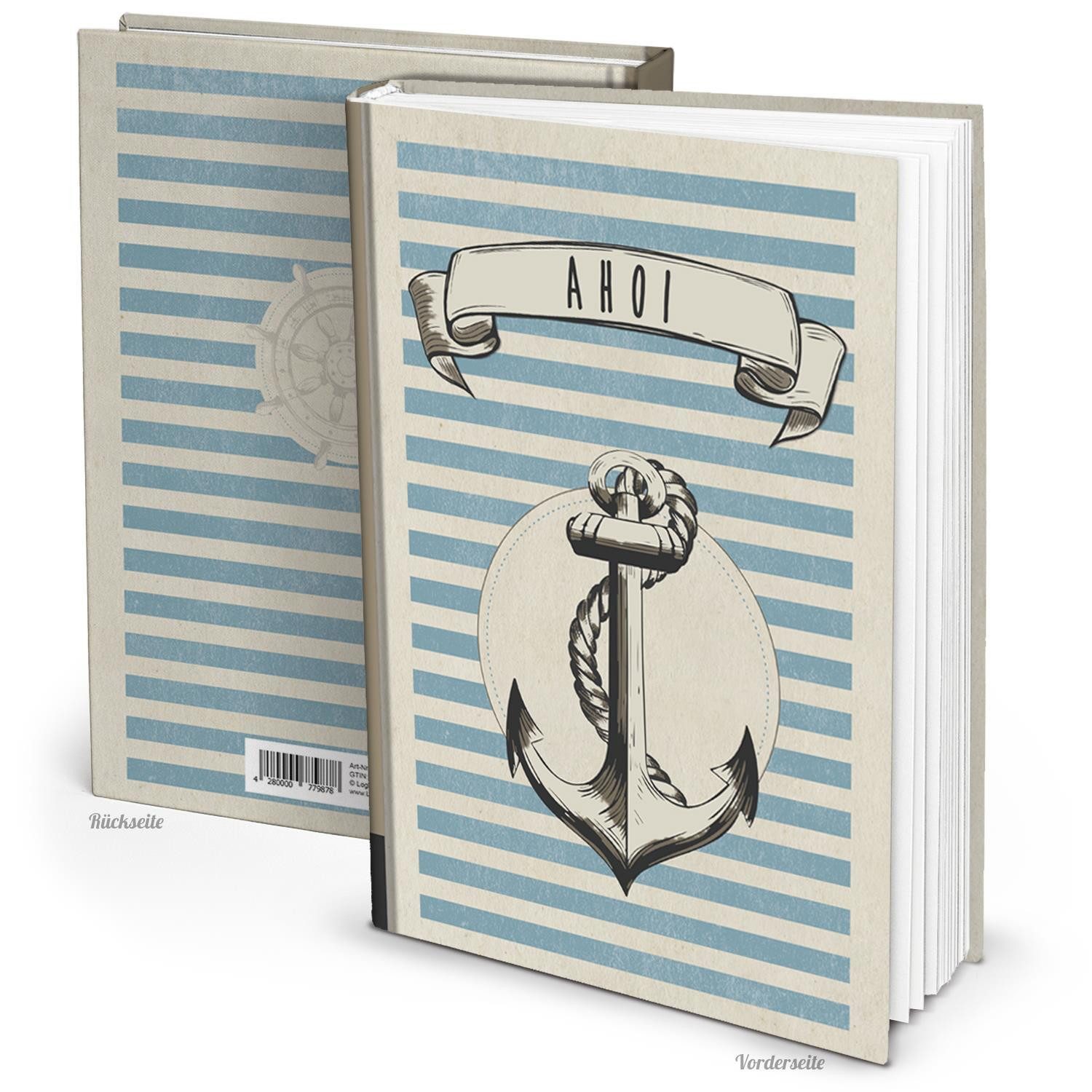 Logbuch-Verlag Notizbuch Notizbuch Blankobuch DIN A4 AHOI mit Anker-Motiv beige blau Hardcover