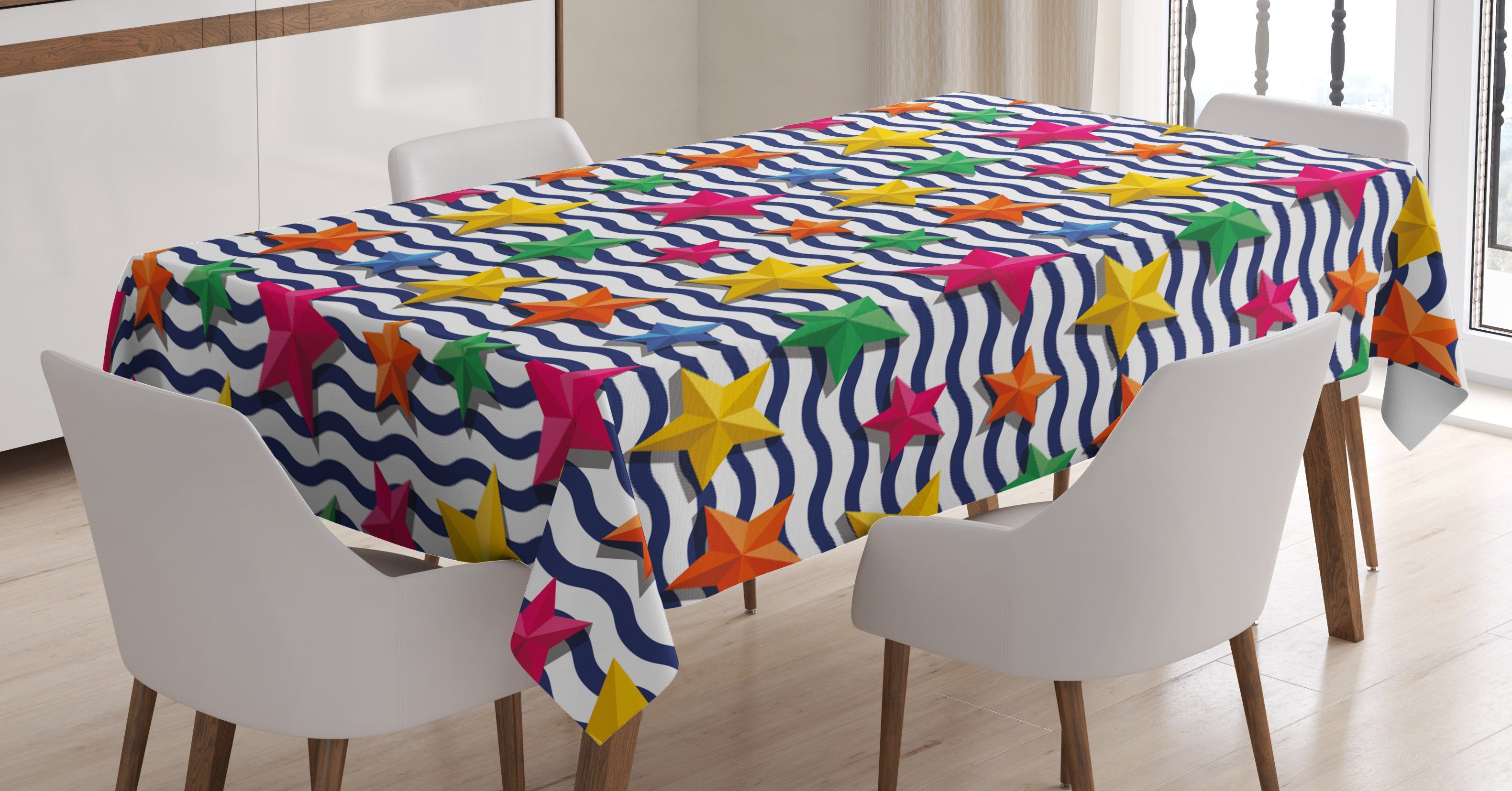 Abakuhaus Tischdecke Farbfest Waschbar Für den Außen Bereich geeignet Klare Farben, Nautisch 3D Sterne gewellte Streifen