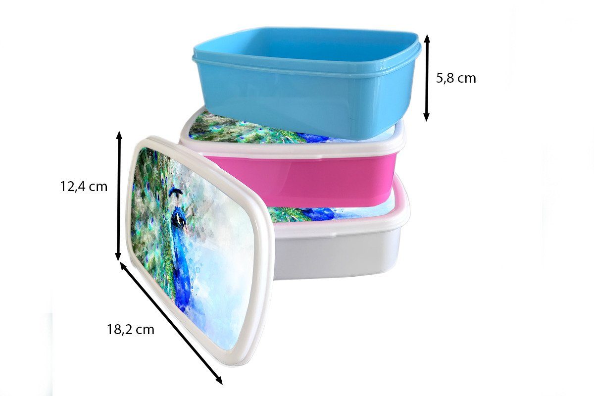 Kunststoff, Brotdose, Blau, Pfau Lunchbox für - MuchoWow weiß - und Aquarell Jungs für Mädchen Erwachsene, und Kinder (2-tlg), Brotbox