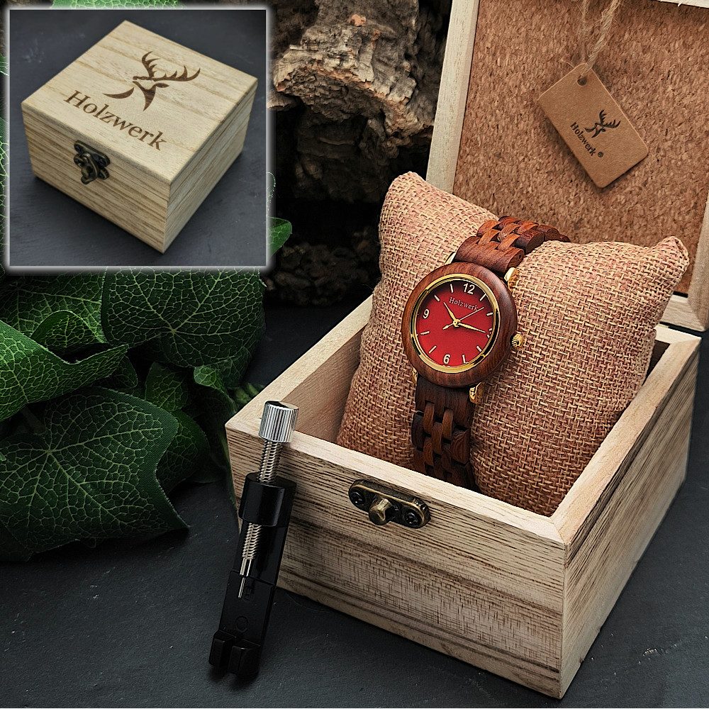 Holzwerk Quarzuhr THALE kleine Damen Edelstahl & Holz Armband Uhr, braun, rot, gold