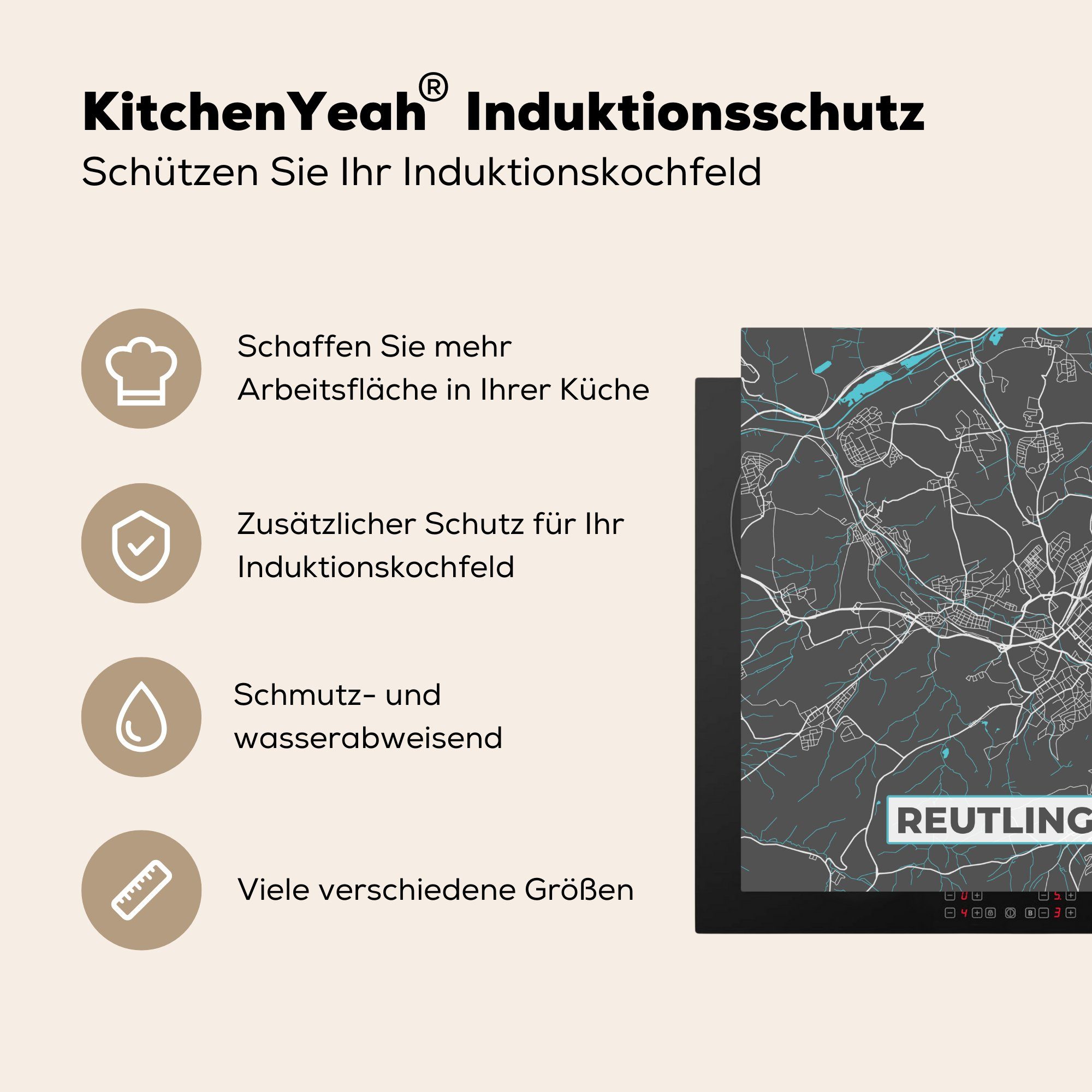 - - Ceranfeldabdeckung, - 78x78 (1 Deutschland, Arbeitsplatte küche MuchoWow Karte cm, Vinyl, - Reutlingen Stadtplan für Herdblende-/Abdeckplatte Blau tlg),