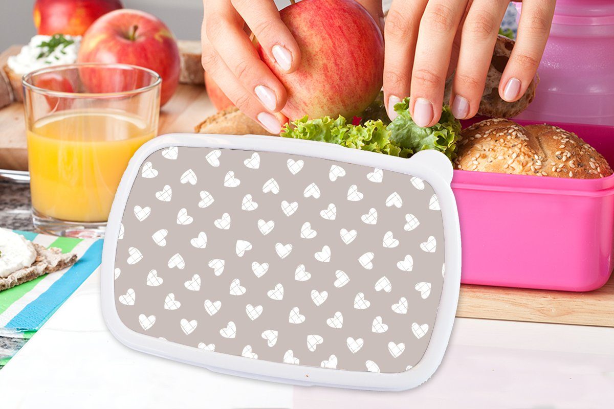 MuchoWow Lunchbox Design rosa Herz - Muster Brotdose Grau, für Mädchen, Linie Snackbox, Kinder, - - Kunststoff Kunststoff, Brotbox Erwachsene, (2-tlg), 