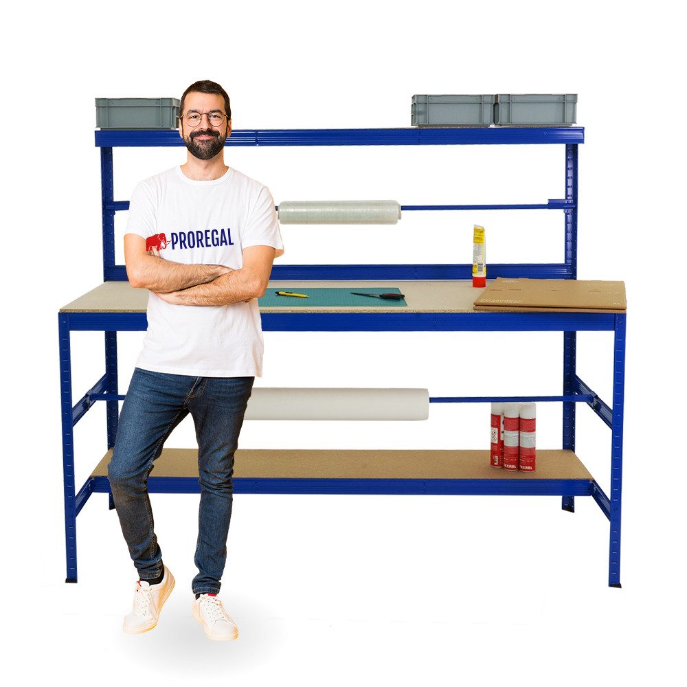 PROREGAL® Werkbank Packtisch Tiger, HxBxT 150x180x75cm, Verzinkt, Blau, Schwarz,Grau, Stabile Arbeitsbank Kommissionierungstisch Arbeitstisch für Lager