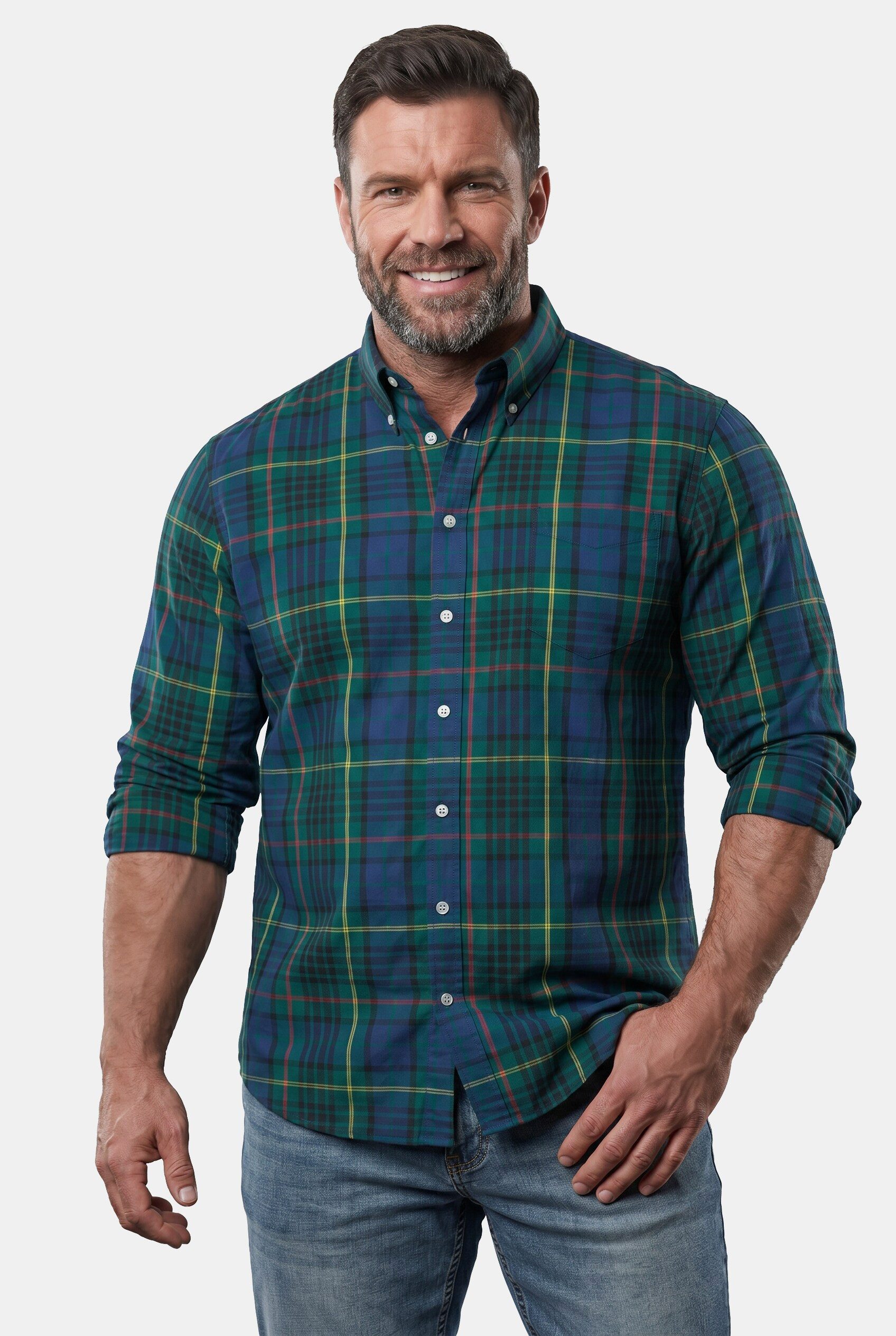 Men Plus Businesshemd Karohemd Langarm Buttondown-Kragen Comfort Fit