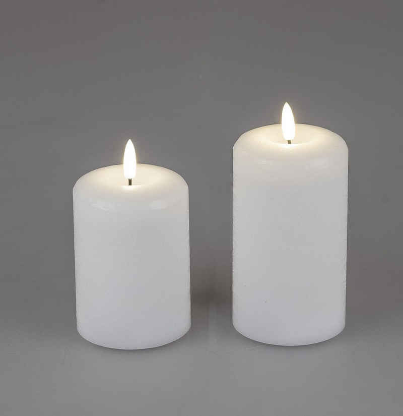 Small-Preis LED-Kerze »Formano 2 tlg. LED-Wachs Kerzen Set mit Timerfunktion Ø 5 cm oder 7 cm Höhe 10 & 12 cm in weiss oder grau für Batteriebetrieb 3xAA«