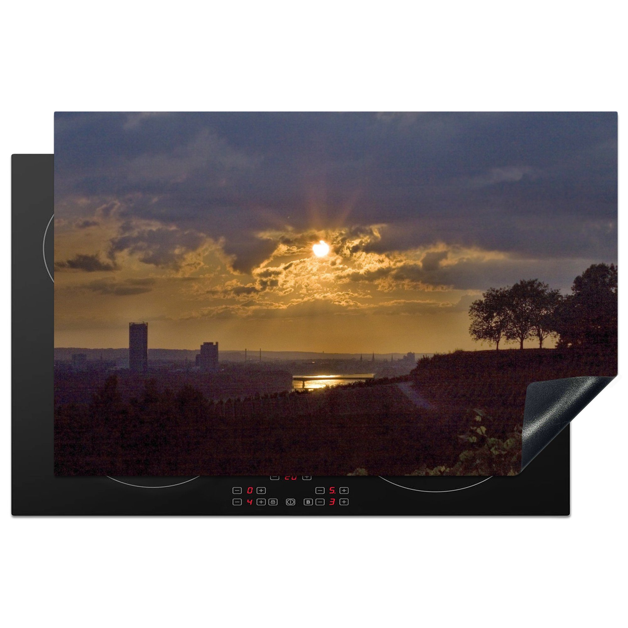 MuchoWow Herdblende-/Abdeckplatte Sonnenuntergang mit Blick auf den Rhein und die Stadt Bonn in, Vinyl, (1 tlg), 81x52 cm, Induktionskochfeld Schutz für die küche, Ceranfeldabdeckung