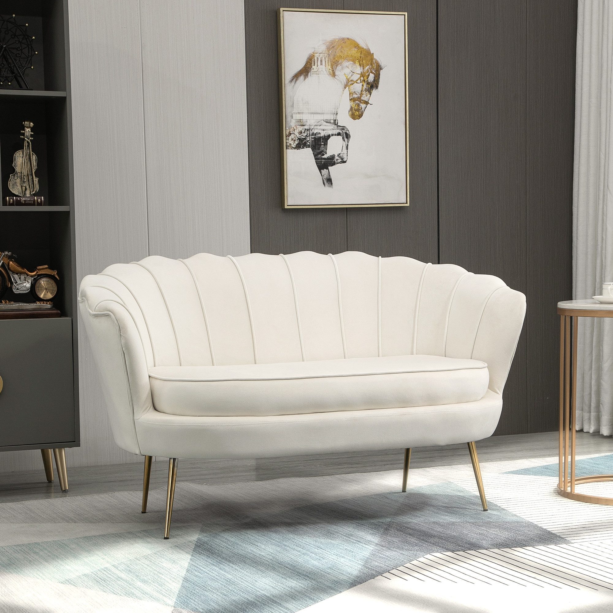 HOMCOM 2-Sitzer Sofa mit Armlehne, Doppelsofa mit Samtoptik, Metallbeine, Polstersofa 1 Teile, für Wohnzimmer, Schlafzimmer, 130 x 77 x 77 cm, Creme