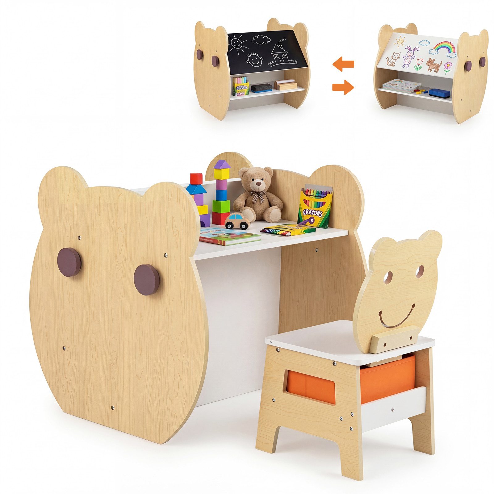 COSTWAY Kindertisch, 3 in 1 mit Stuhl in Bärenform, Maltisch mit Whiteboard