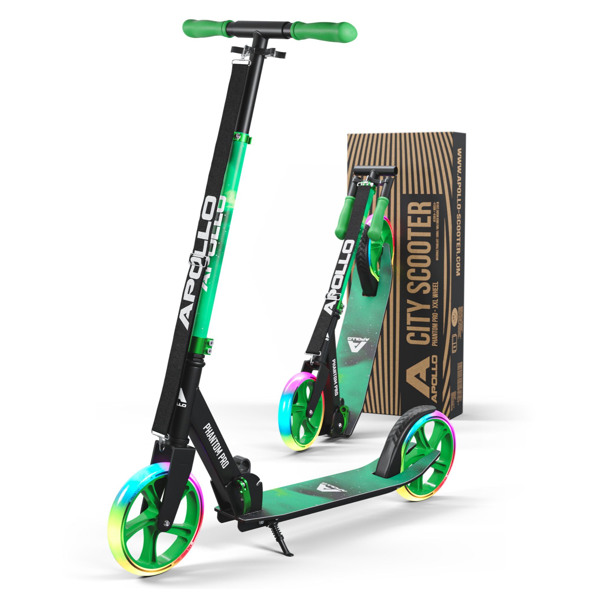 Apollo Cityroller City Scooter - Phantom Pro - Klappbarer City Roller für Kinder, Höhenverstellbar - Tretroller für Erwachsene - Roller Meteor - LED
