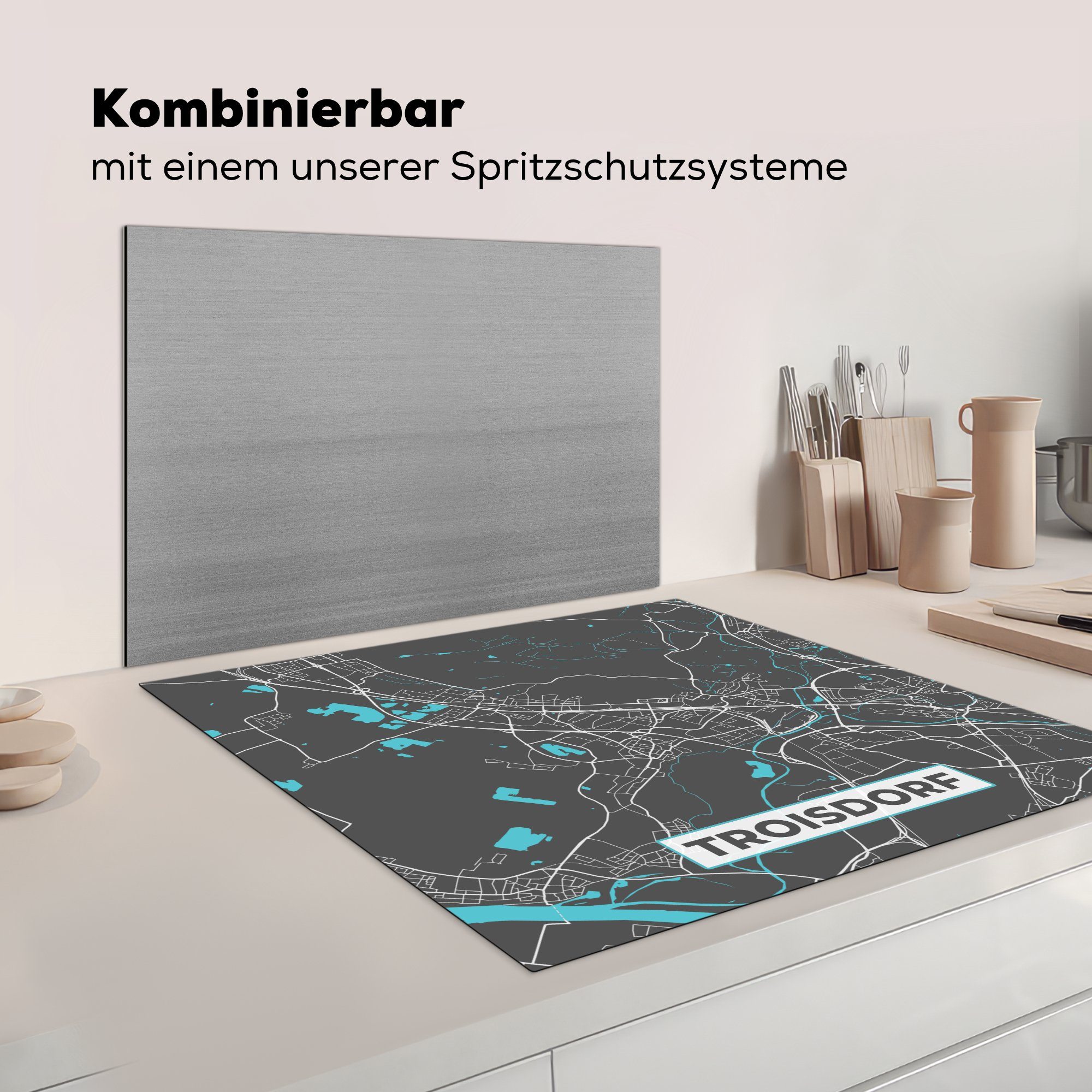 MuchoWow Herdblende-/Abdeckplatte Troisdorf - küche Vinyl, (1 - Blau - tlg), cm, Karte Arbeitsplatte Ceranfeldabdeckung, für Deutschland, 78x78 - Stadtplan