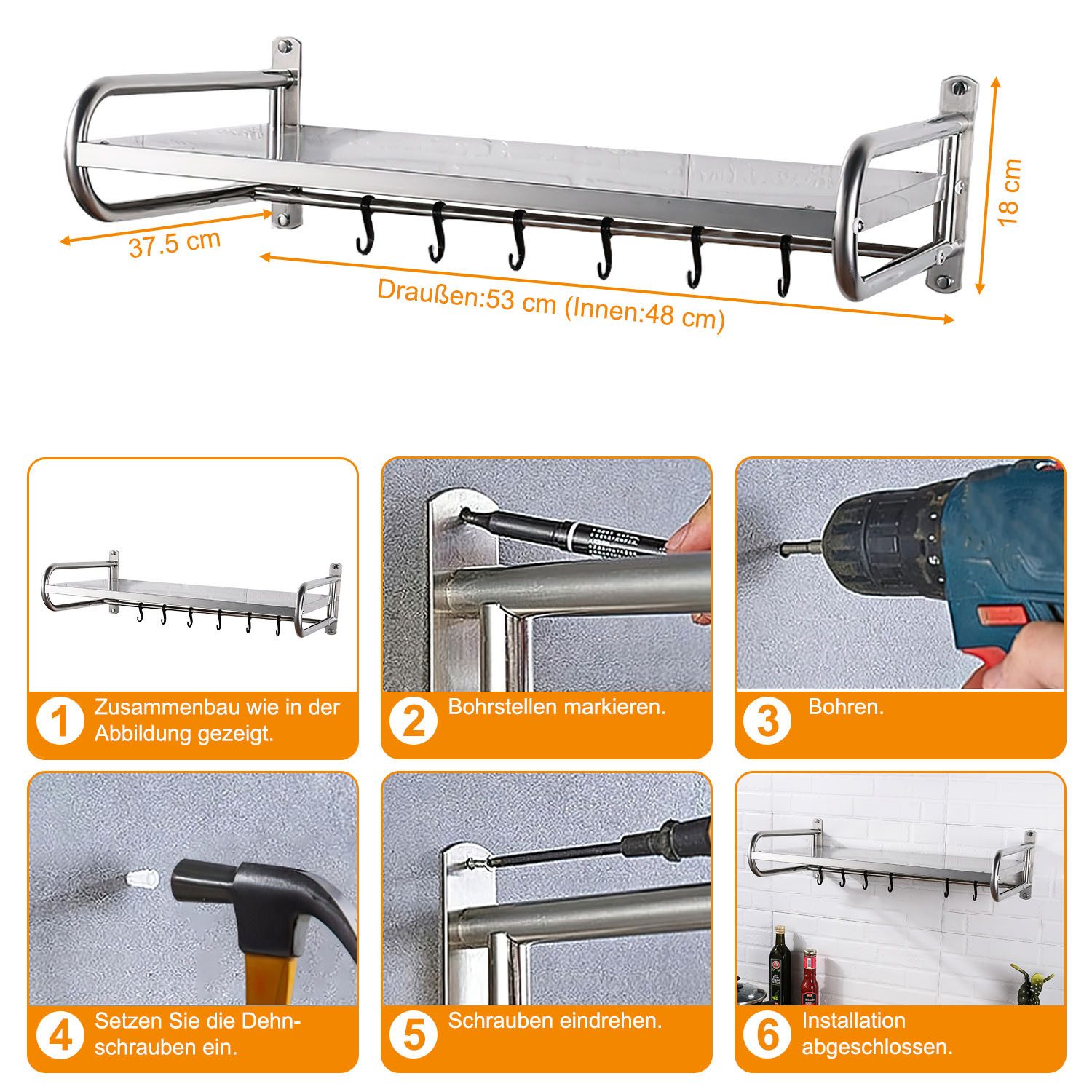 HEYHIPPO Wandregal Wandmontierte Mikrowellenhalterung aus Edelstahl für die Küche, passend für die meisten Mikrowellen unter 45cm, Organizer-Regal über dem Mikrowellen-Wandhalterungs-Ofengestell