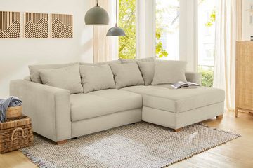 luma-home Ecksofa 15154, Dauerschläfer mit Bettkasten 288x186 cm, Federkern, Ottomane links oder rechts, Cord, Beige Grau