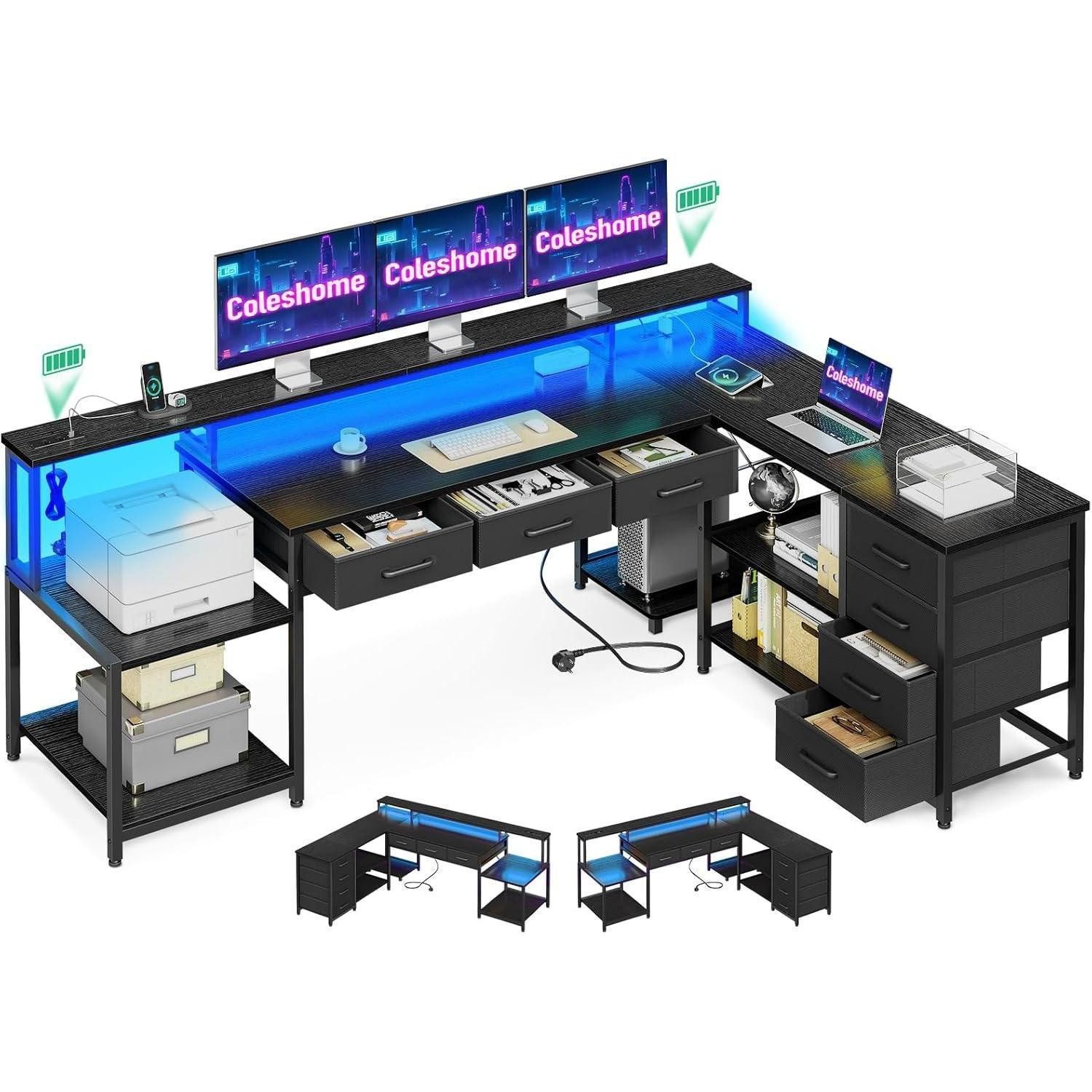 LuxusKollektion Gamingtisch Gaming Tisch mit Schubladen Stauraum LED Beleuchtung L-Form Büro