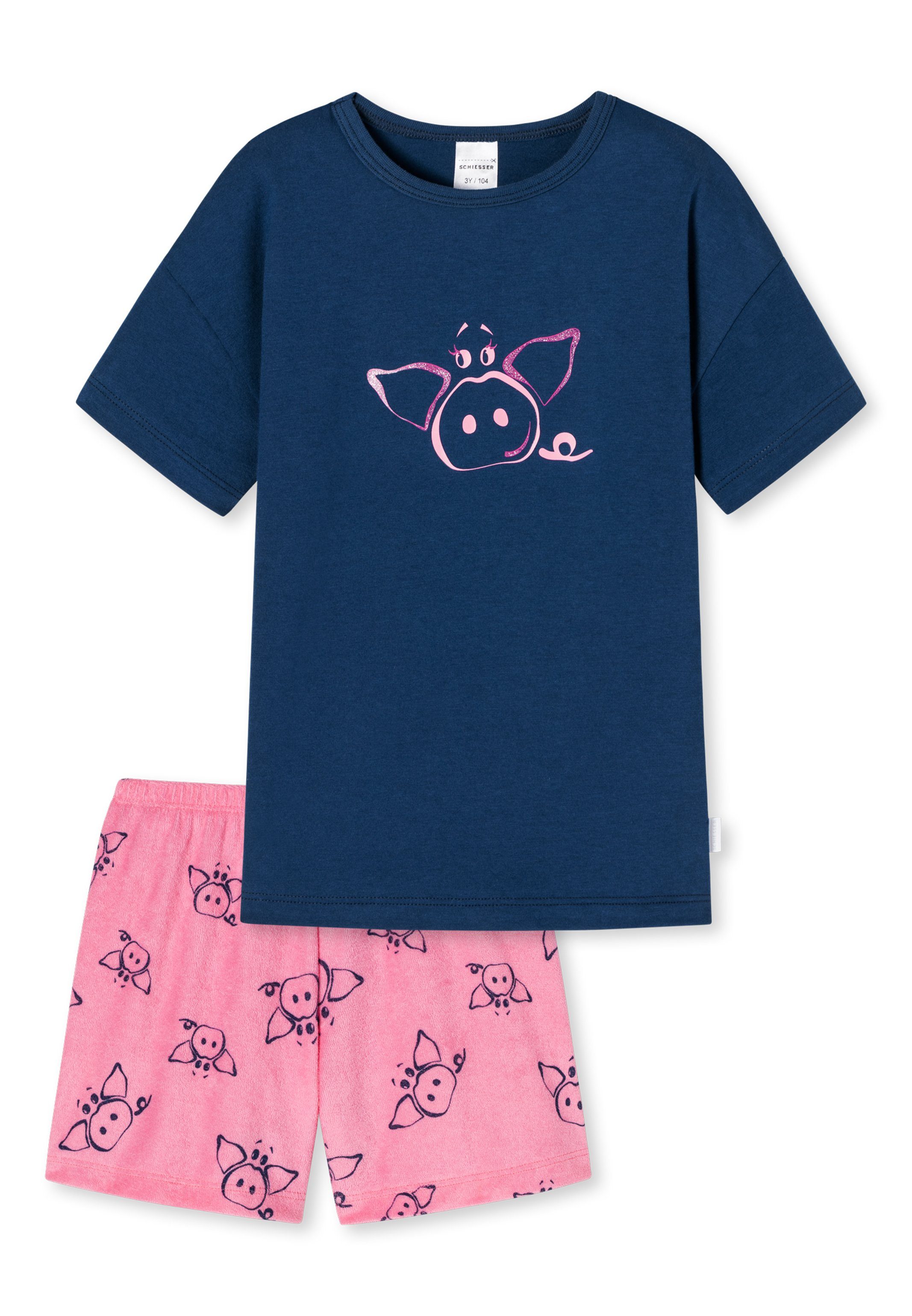 Schiesser Pyjama Girls World 2 Schlafanzug Baumwolle tlg) Kurzer - - Schlafanzug mit (Set, Print süßem