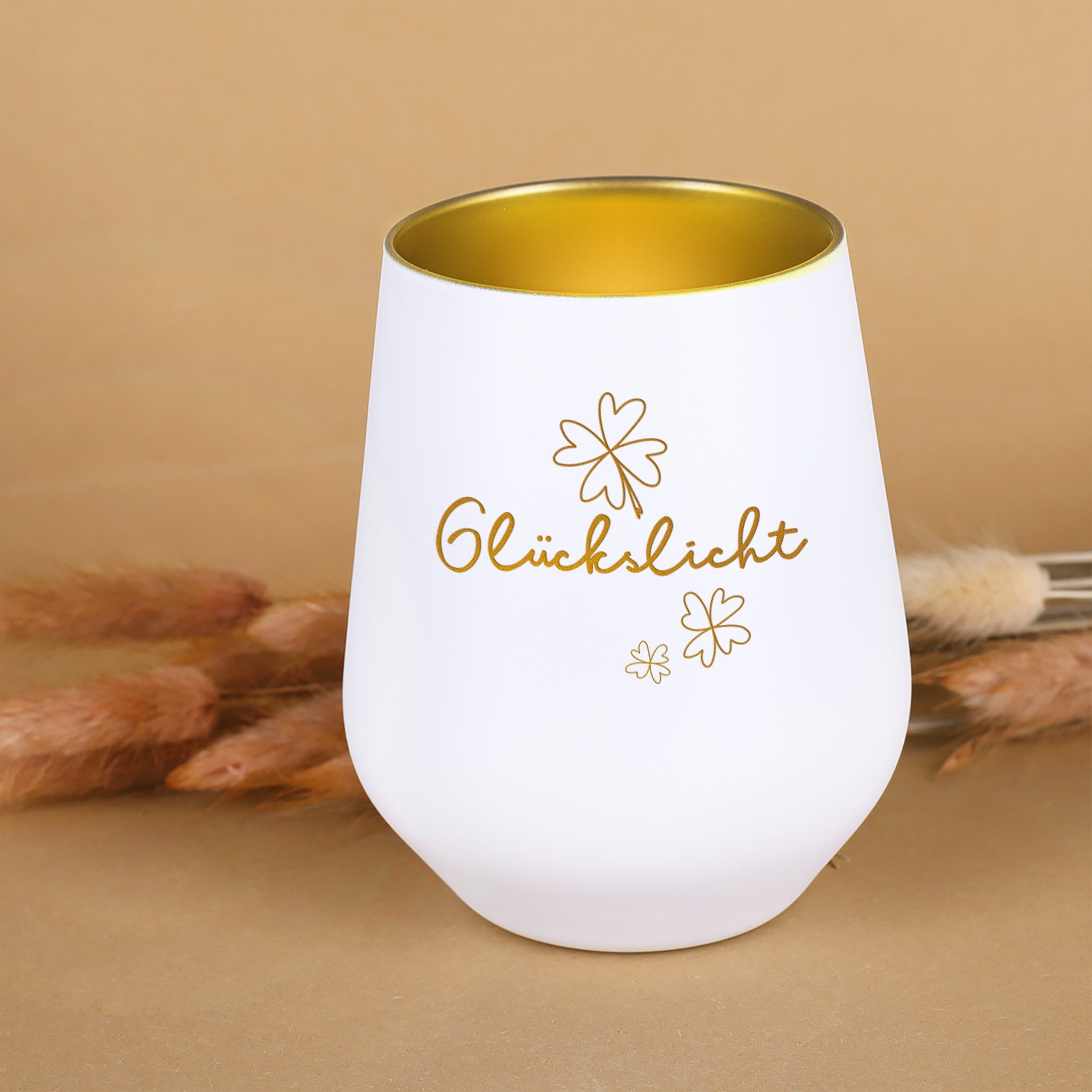 Herz & Heim Windlicht graviert mit Motiv "Glückslicht" - Teelicht als Dekoration mit Gravur, aus Glas