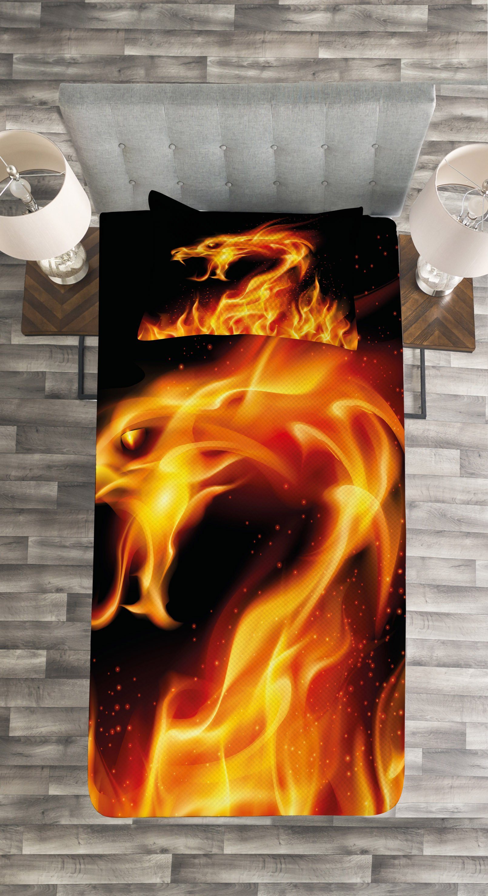 Tagesdecke Set mit Kissenbezügen Drachen Abakuhaus, Creature Zusammenfassung Waschbar, Fiery