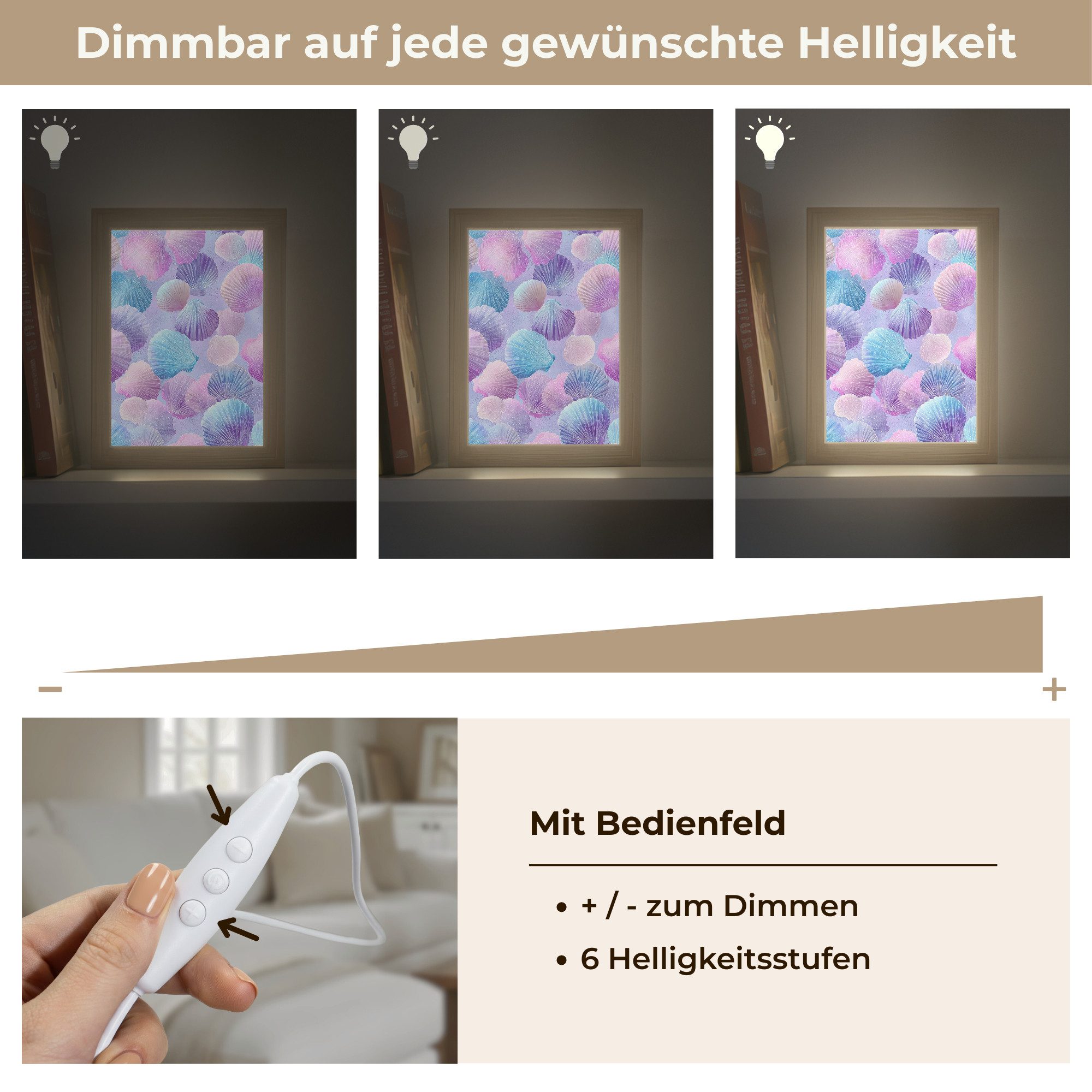 OnlyWow Wandleuchte Lightbox Muscheln - Lila - Blau - Muster - Mädchen, Dimmbar, Farbwechsel, LED, Warmweiß, Kaltweiß, Neutralweiß Einstellbar, Wandlampe Innen, Dimmbar, mit Kabel, LED, Beleuchtung, Kinderzimmer