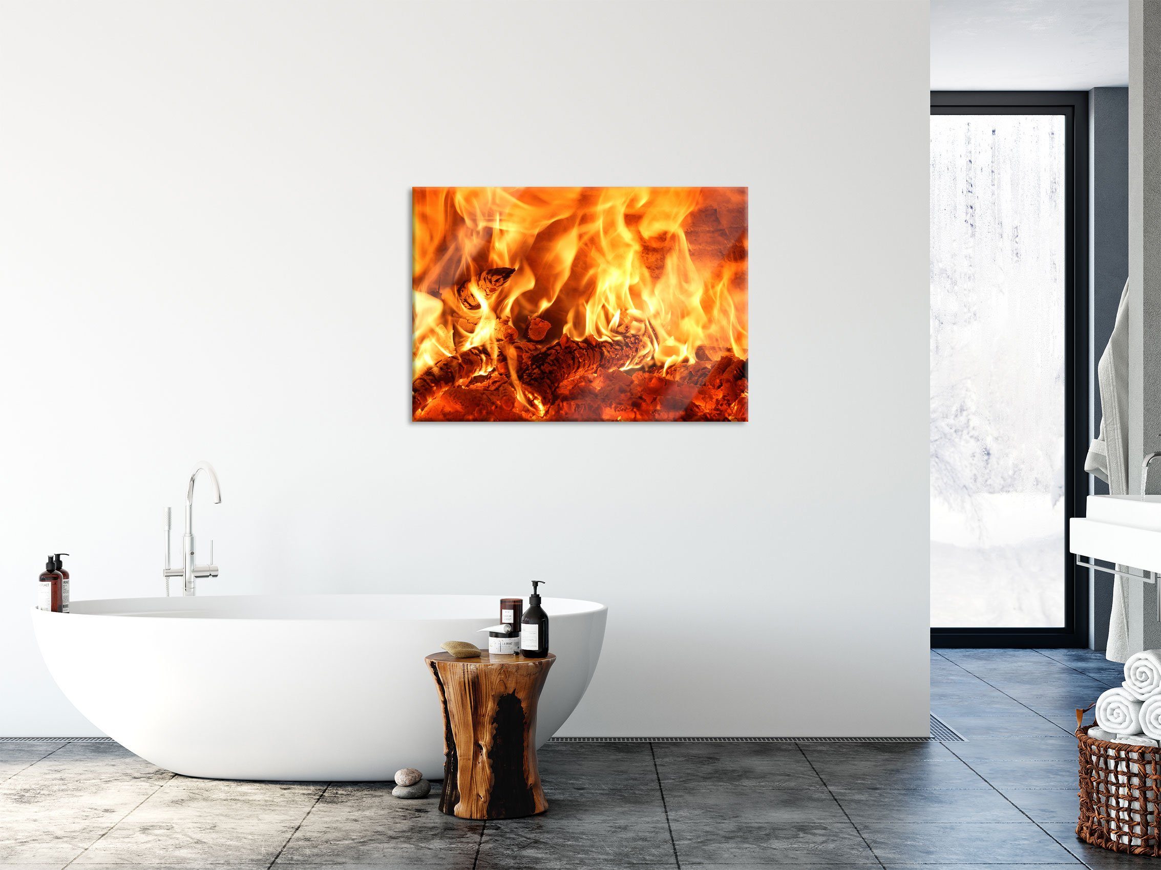 Feuer, Gemütliches (1 im Glasbild St), im Abstandshalter Holz aus und Holz Feuer Pixxprint Aufhängungen Echtglas, Gemütliches inkl. Glasbild