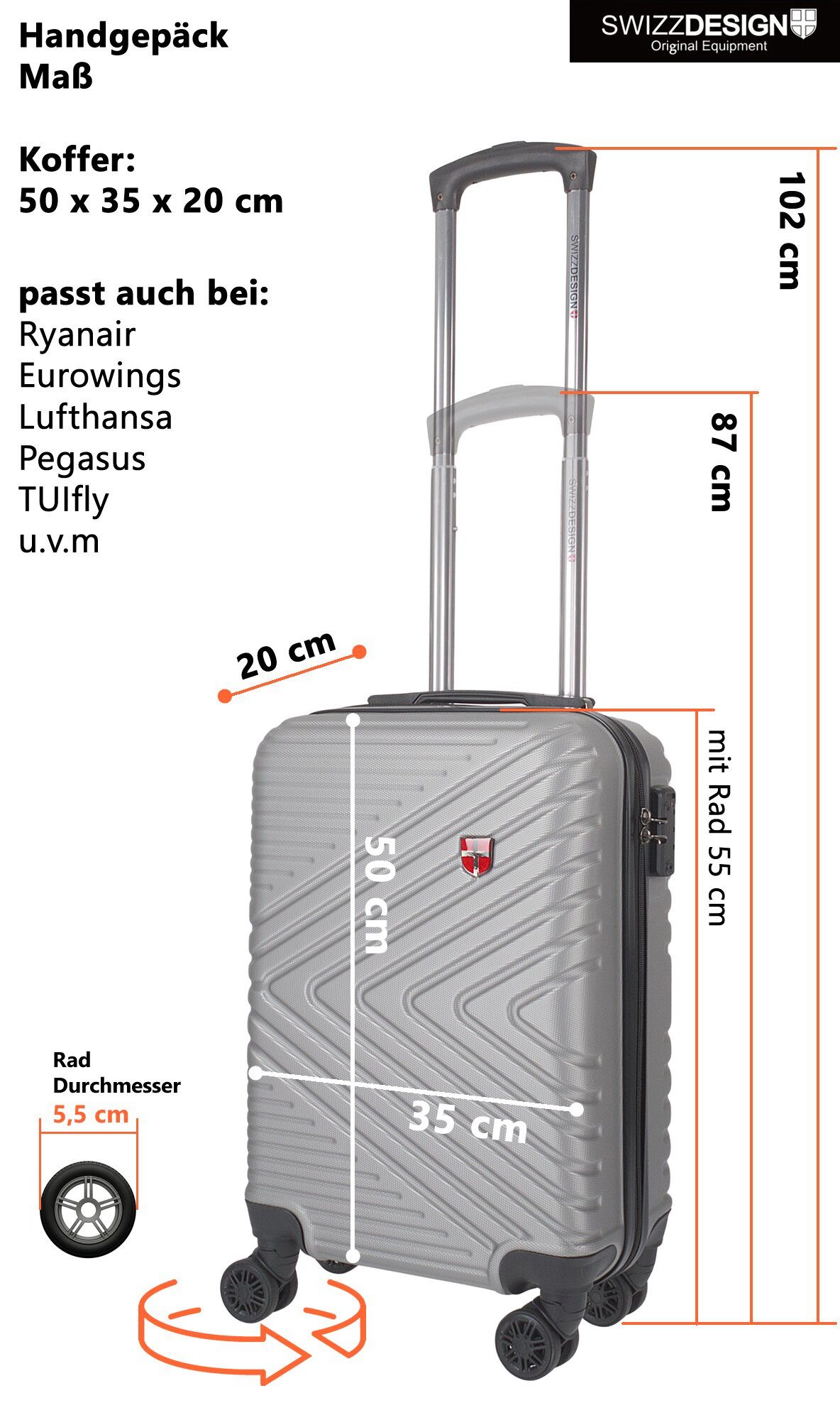 SWIZZDESIGN Handgepäckkoffer Koffer 50 cm 35 Liter Hartschalenkoffer Trolley Hartschale, Handgepäck Koffer Ryanair mit Trennwand Schloss 481-1 Grau – Bild 5 von 5