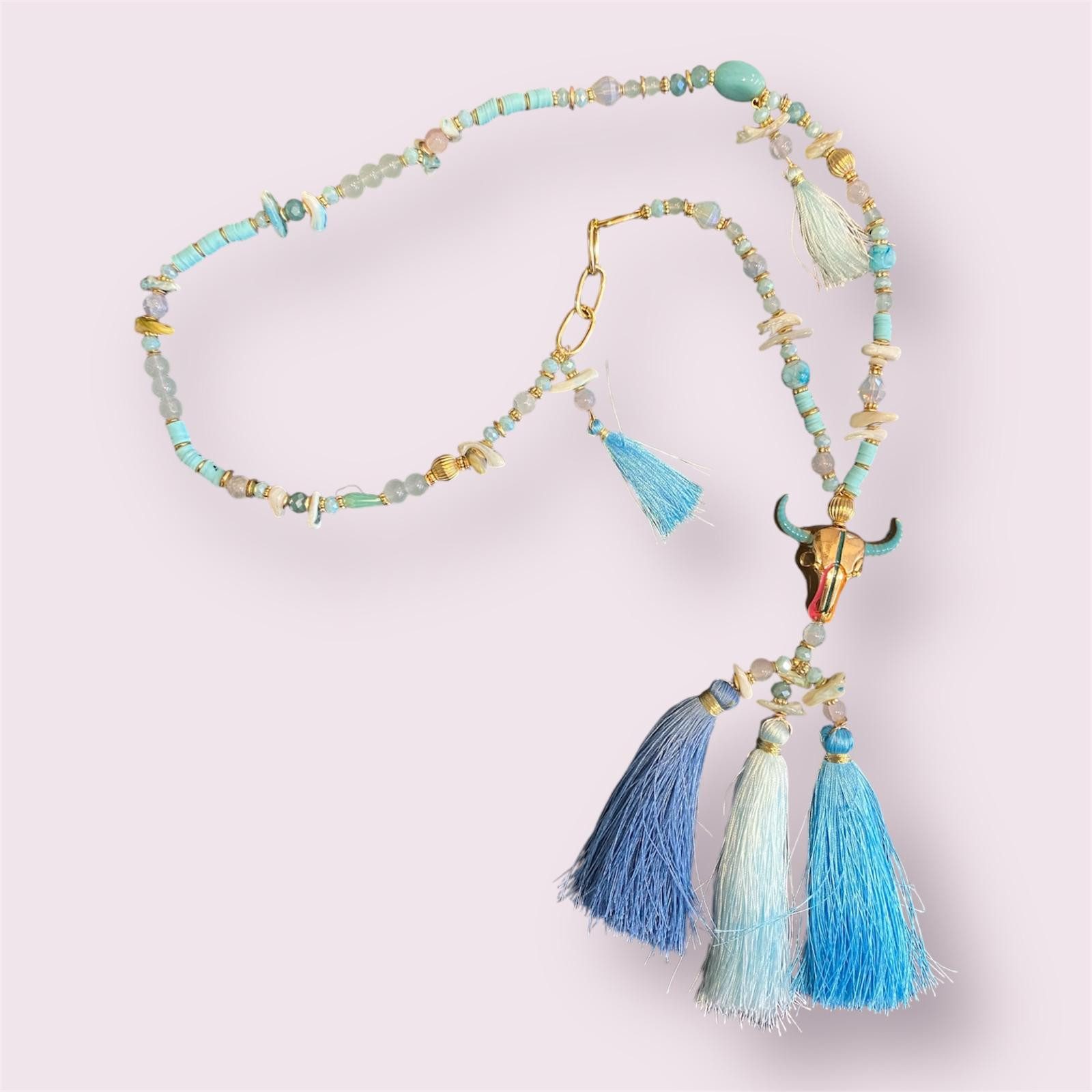 Eden Stone Perlenkette Bunte Mala Kette Halskette Boho-Stil Blau Edelsteinen Muscheln Büffel (1-tlg)