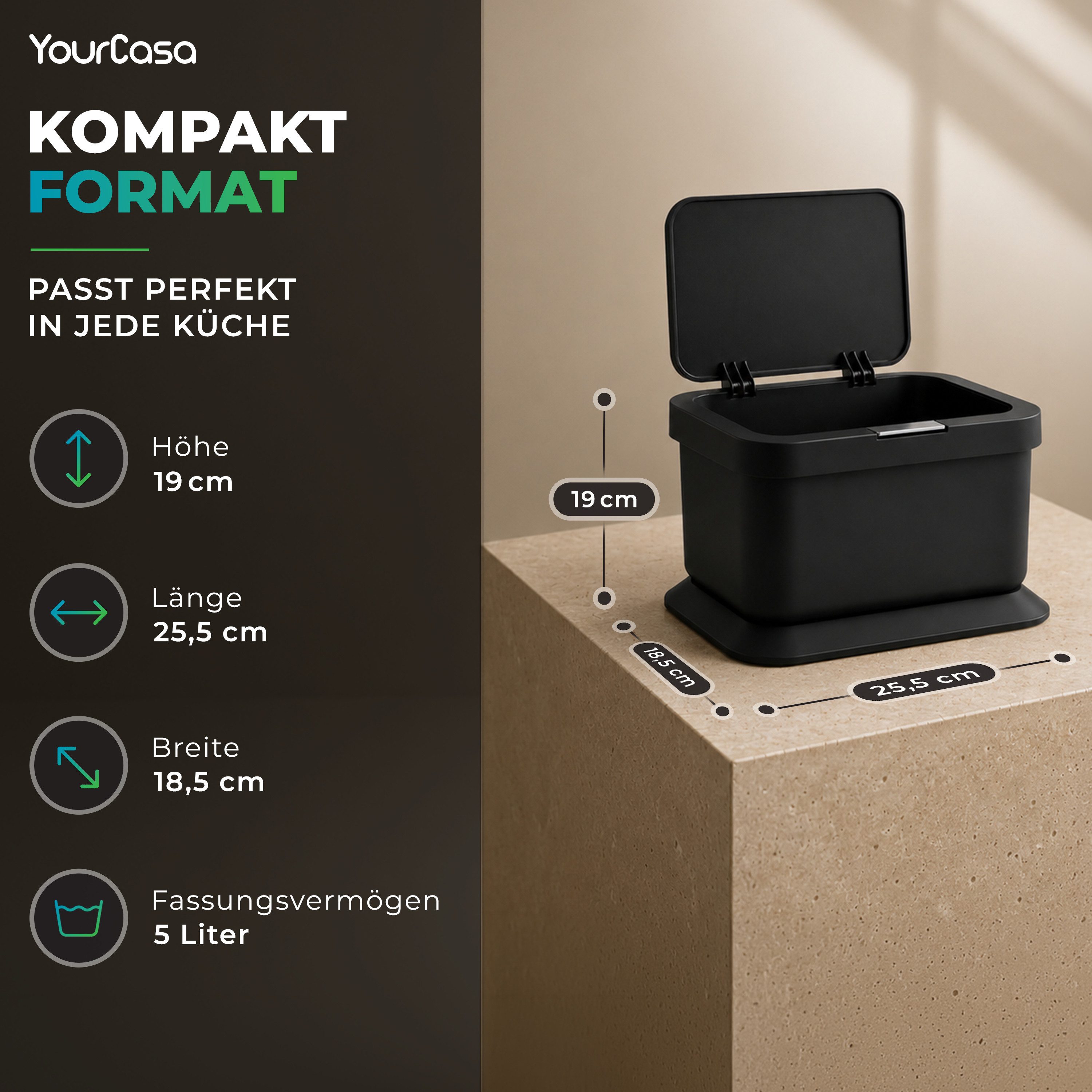 YourCasa Biomülleimer Küche 5L - Deckel mit Knopfdruck-Mechanismus- Komposteimer, Deckel mit Knopfdruck-Mechanismus, Antirutsch – Bild 5 von 5