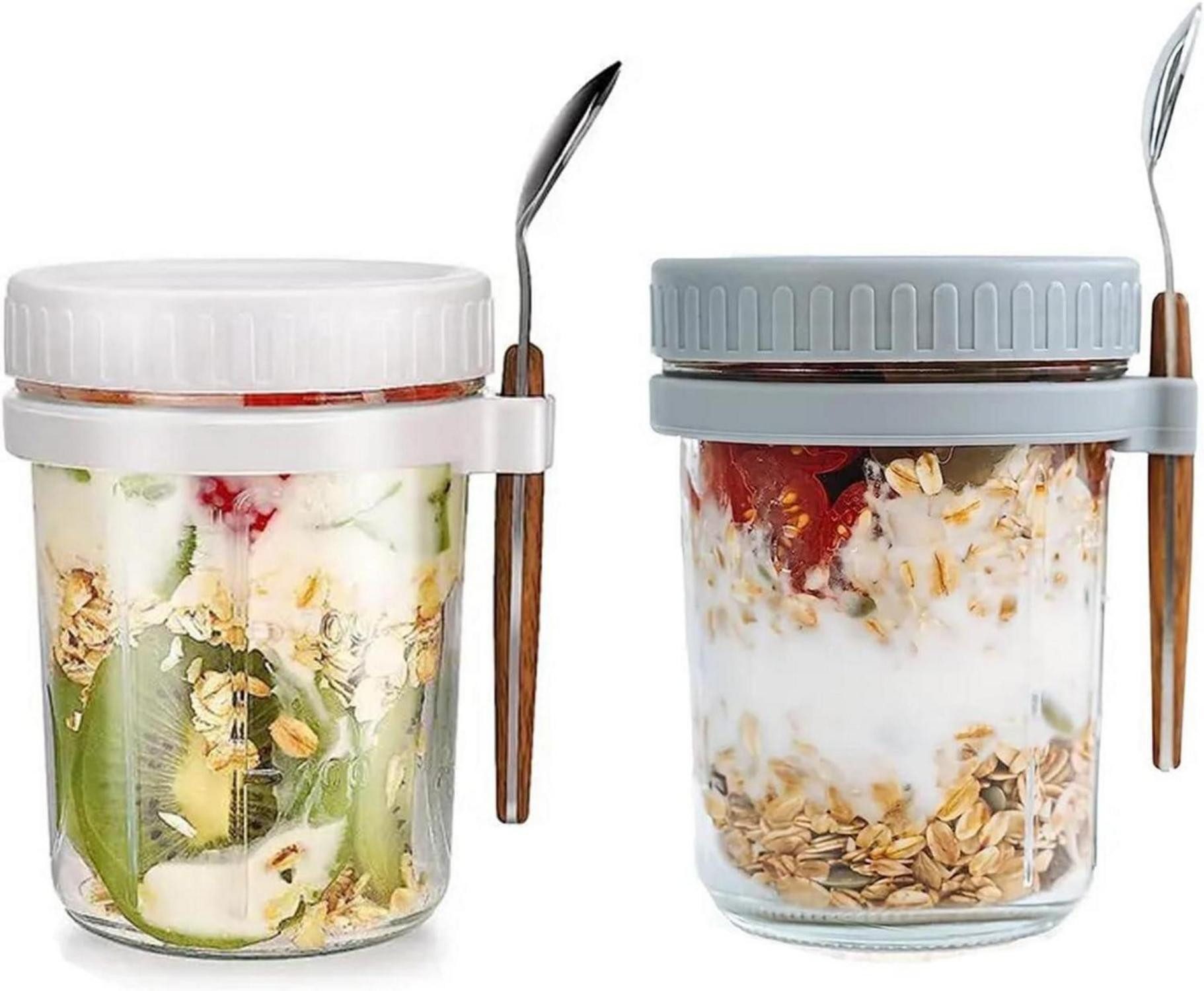 LuxusKollektion Einweggläser 2er Set Overnight Oats Gläser mit Deckel Löffel 350ml Einmachgläser