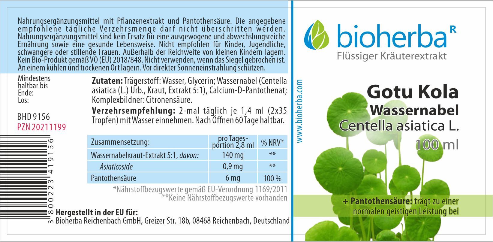 BIOHERBA R Gotu Kola Wassernabel Centella asiatica L. Tropfen Tinktur 100 ml Nahrungsergänzungsmittel