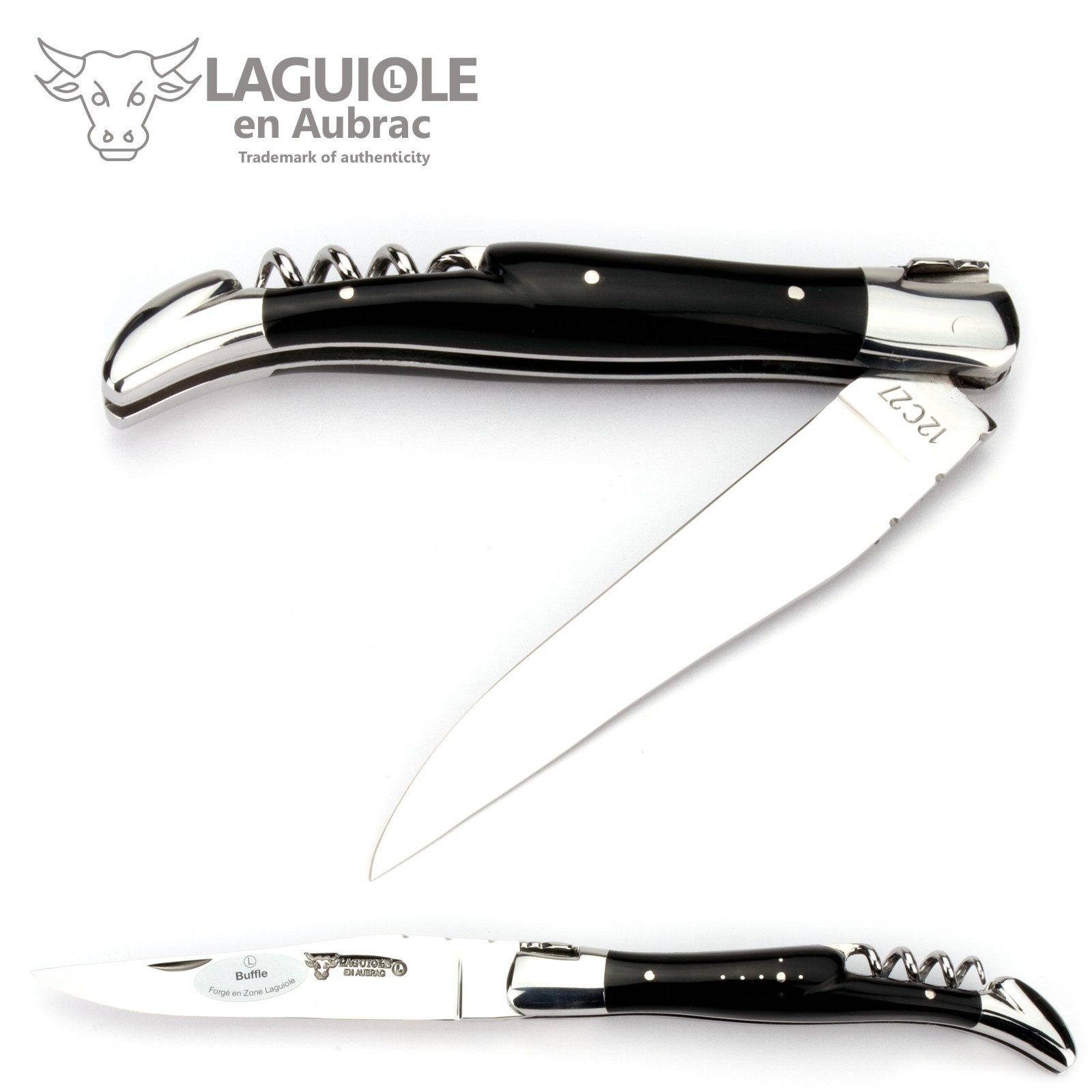 Laguiole en Aubrac Taschenmesser L0312BUIF, Griff 12cm Büffelhorn - Feder verziert - Korkenzieher - Stahl glänzend