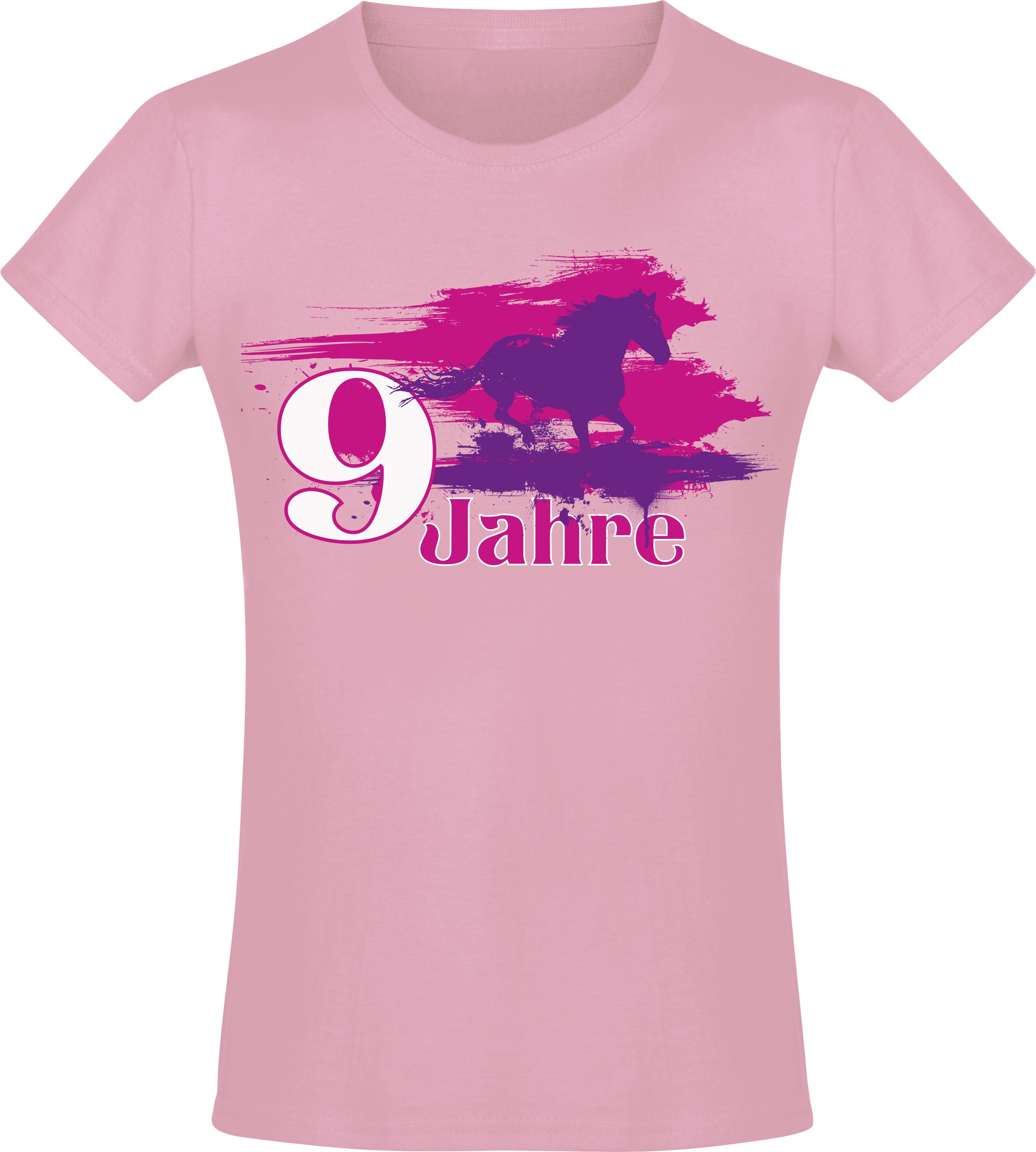 Baddery Print-Shirt Geburtstagsgeschenk für Mädchen : Geburtstagspferd 9 Jahre, hochwertiger Siebdruck, aus Baumwolle