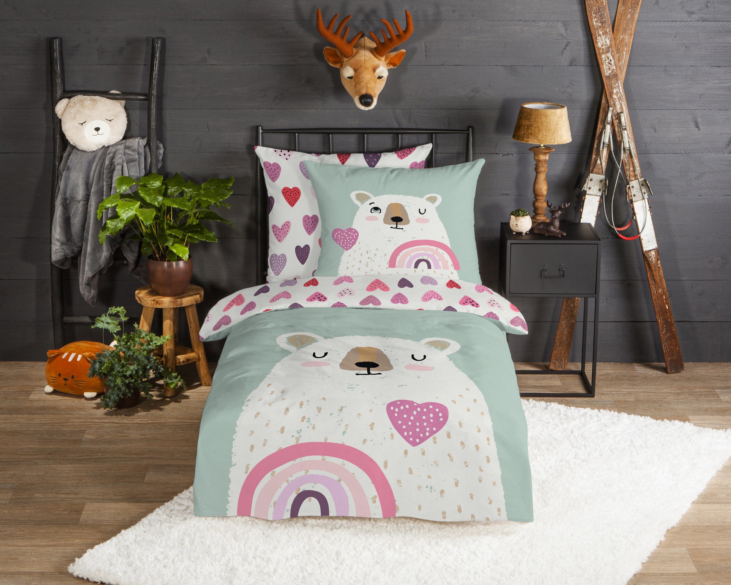 good morning Kinderbettwäsche Ted, Biber, Flanell, 2 teilig, Flanell, Biber, 135x200, Warm, Wende, Kind, Bär, Eisbär, minzgrün