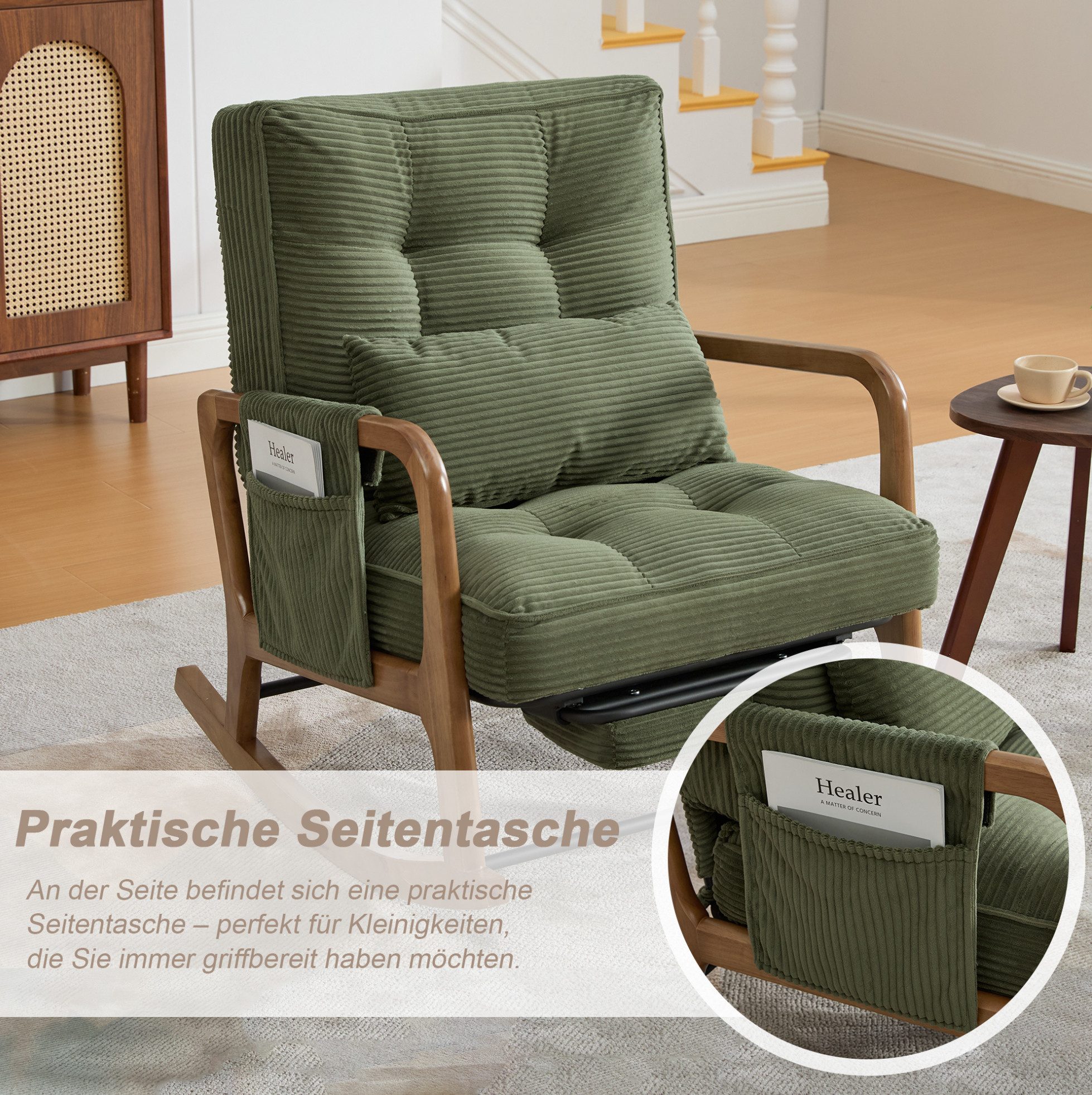 MODFU Loungesessel Ergonomischer Freizeitstuhl aus Cord mit Fußstütze (verstellbarer Schaukelstuhl und Baby-Sessel mit Lendenkissen), Schaukelstuhl Polstersessel
