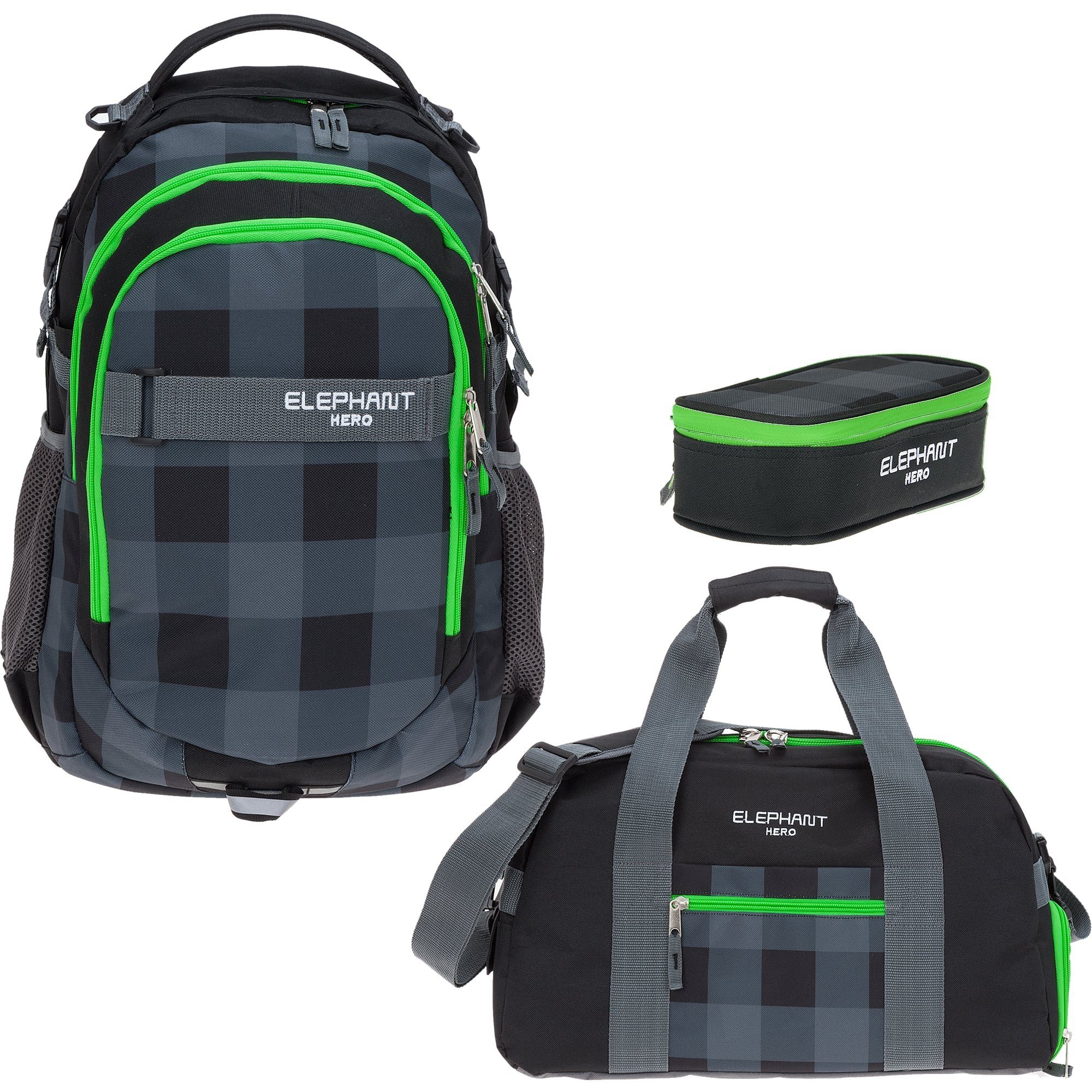ELEPHANT Schulrucksack Hero Signature Schultasche (Set, 3-tlg., 3 Teile Rucksack Sporttasche Mäppchen Box), Softcase Schulranzen Schulmappe +rsm
