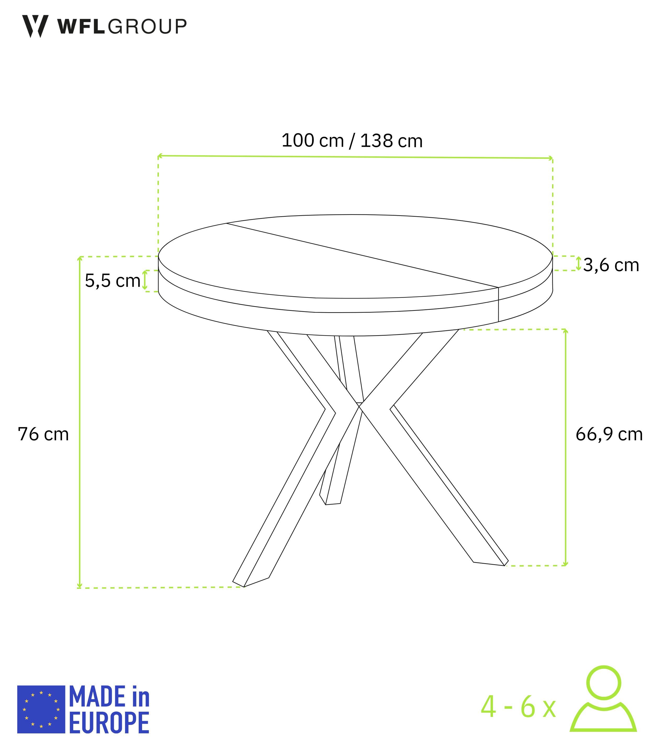 WFL GROUP Esstisch Velma ausziehbar rund loft-stil mit schwarzen Metallbeinen (MADE IN EU, erhältlich in einer Größe – 100x100x76 cm, ausziehbar auf 140 cm), platzsparender Tisch in Holzoptik für Küche, Esszimmer oder Wohnzimmer
