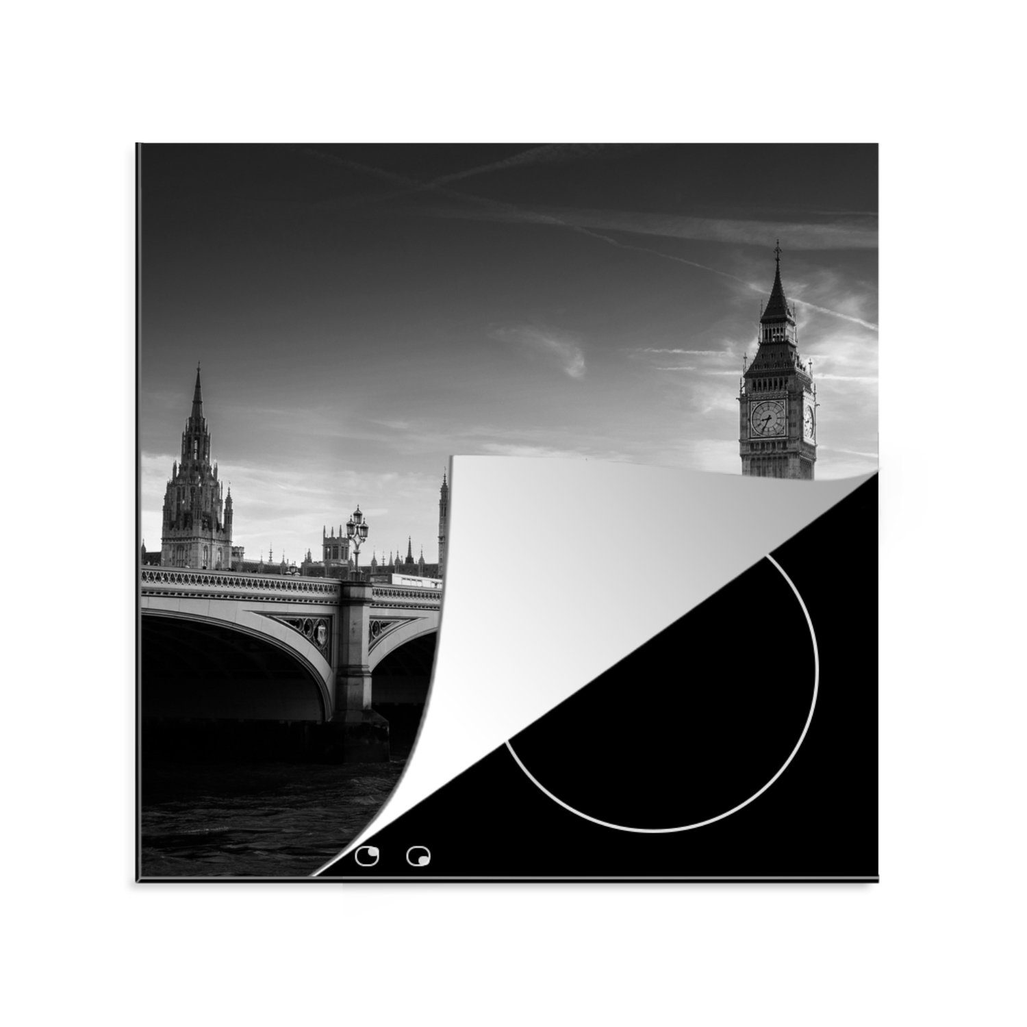 MuchoWow Herdblende-/Abdeckplatte Big Ben von der Themse aus - schwarz und weiß, Vinyl, (1 tlg), 78x78 cm, Ceranfeldabdeckung, Arbeitsplatte für küche