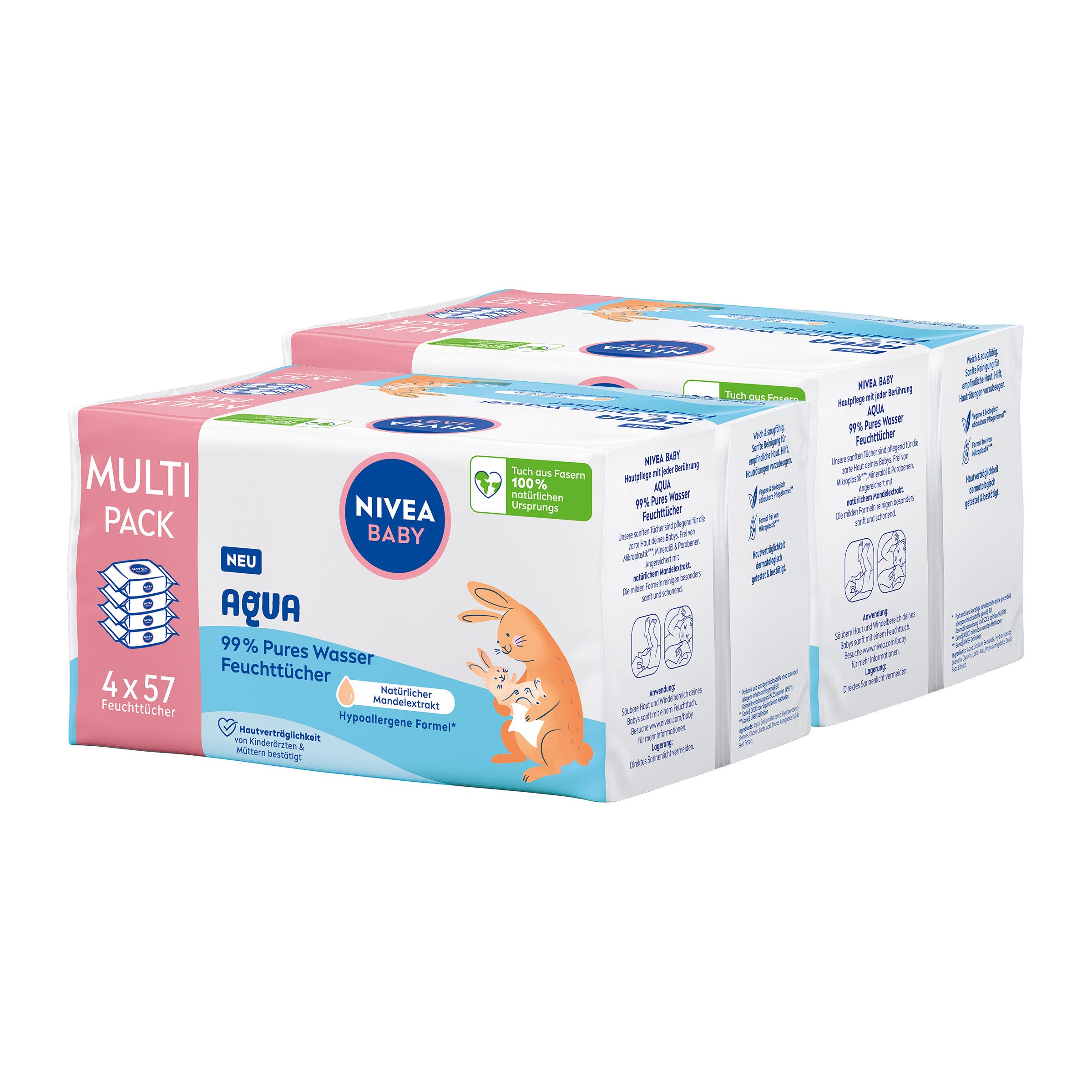 Nivea feuchtes Туалетная бумага Baby Aqua Feuchttücher 2 x 228 Stück Weiches & saugfähiges Tuch, 456-tlg., 99% Wasser - besonders milde Reinigung für empfindliche Haut