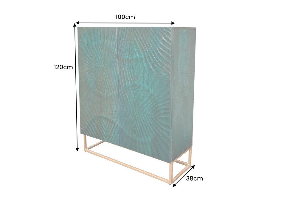 riess-ambiente Highboard SCORPION 120cm türkis/gold - Hochschrank aus Mango-Massivholz (Einzelartikel, 1 St), Metall-Gestell · 3D Schnitzereien · 2 Türen · 6 Fächer · Wohnzimmer