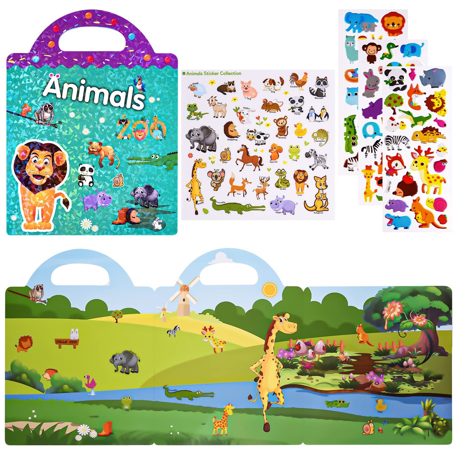 CLTYQ Stickerbuch 3D Sticker Szenen Buch für Kinder,88 Stück Tiere Jelly Sticker, Puffy Sticker Game Pädagogisches Sensorisches Lernspielzeug