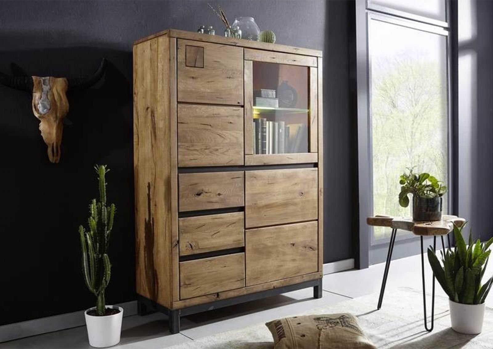 Massivmoebel24 Highboard Highboard Wildeiche 103x40x148 Tabacco brown geölt VILLANDERS #306