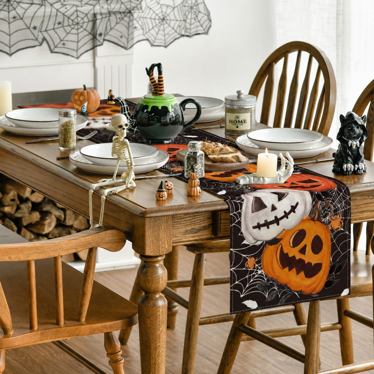 Sorvyzxn Tischläufer Halloween Tischläufer 33 × 183 cm, Spinnennetz & Kürbis Motiv, Für Esstisch, Küche, Herbst & Halloween Deko
