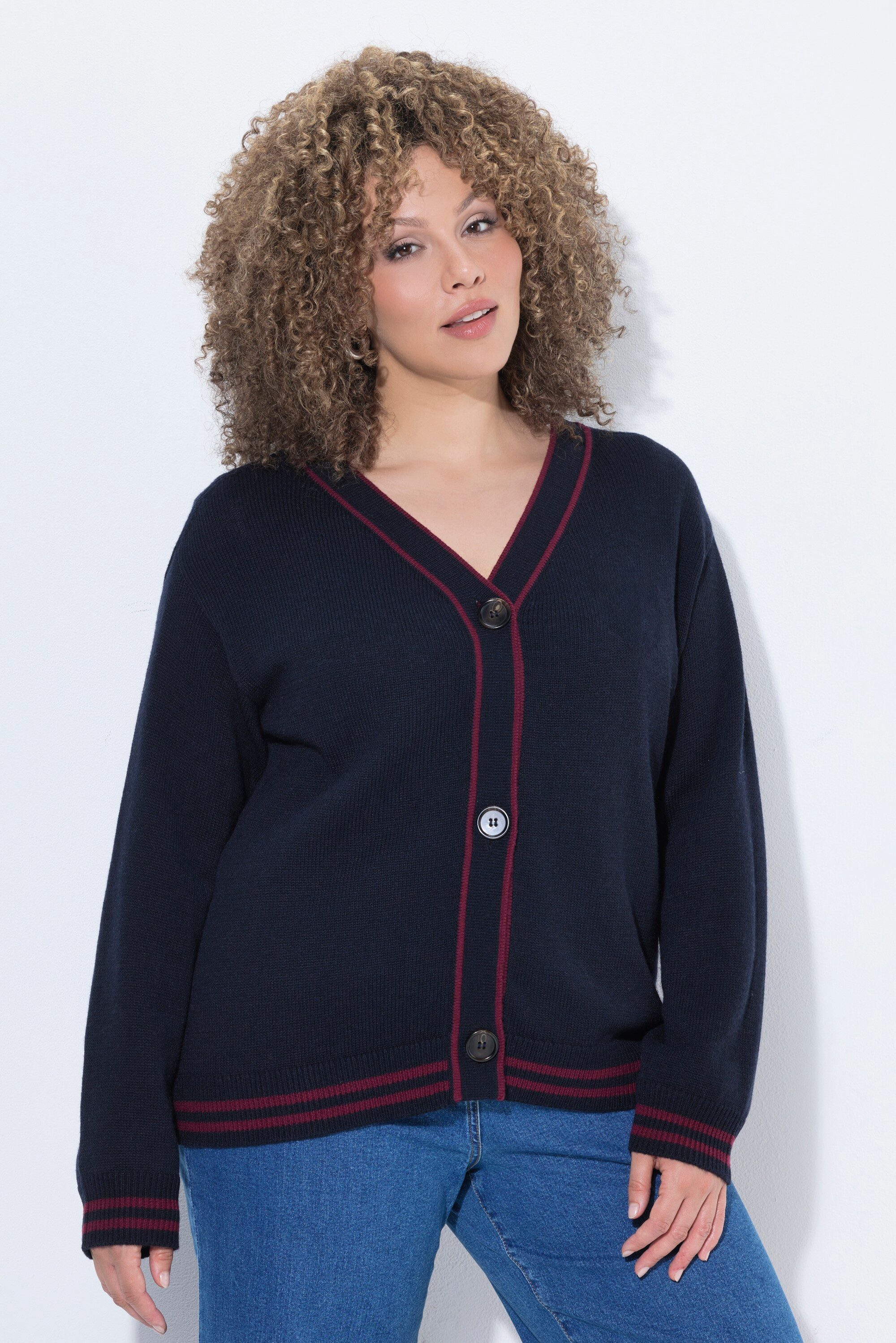 Ulla Popken Strickjacke Strickjacke Streifenkanten V-Ausschnitt Langarm