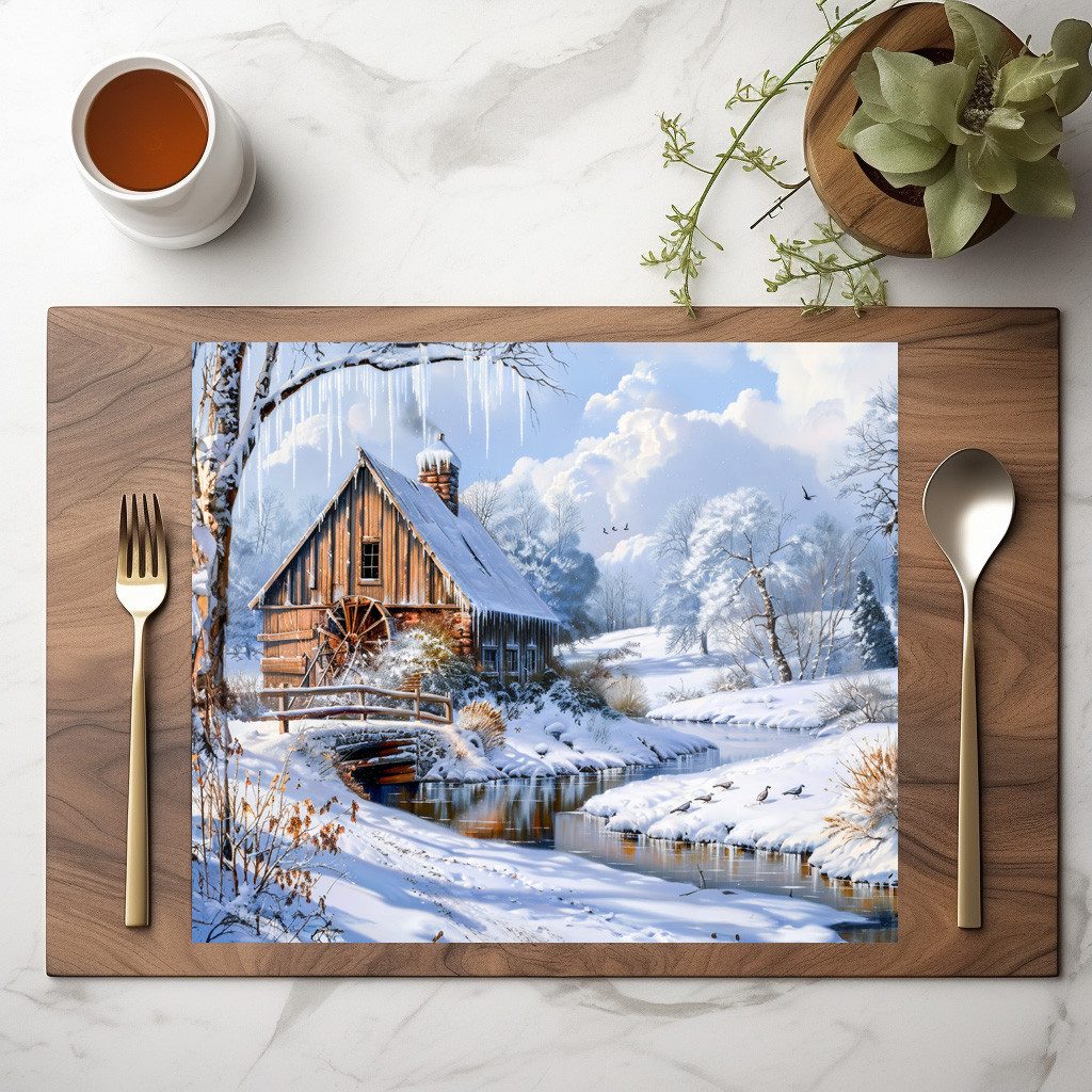 raxxa Platzset raxxa Premium-Platzset"Rustic Winter Barn by Frozen Stream", günstig online kaufen