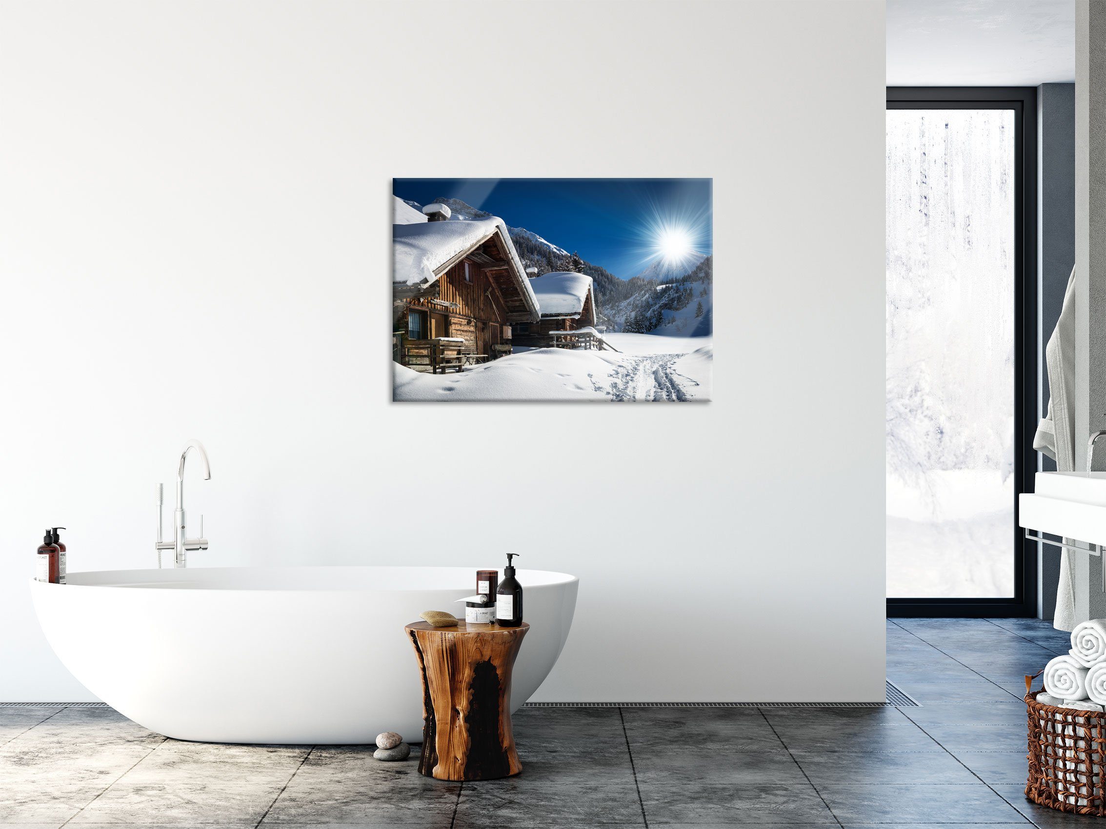 Pixxprint Glasbild Verschneite (1 St), Glasbild Echtglas, aus Abstandshalter Aufhängungen Verschneite Alpenhütte, und inkl. Alpenhütte