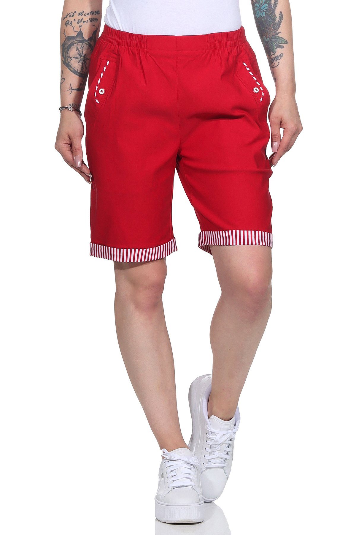 erhältlich, Größen Shorts Shorts großen Aurela Sommer Strandbermuda auch Rot elastischem Bund, maritimen Damenmode Bermuda mit in Damen Maritime mit Details