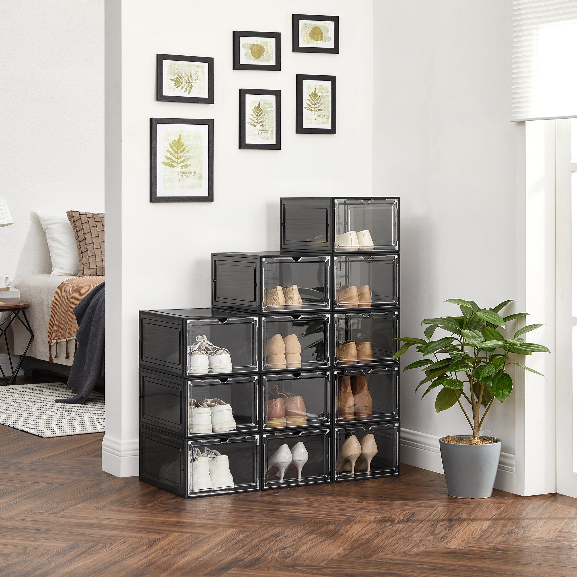 SONGMICS Schuhbox Schuh-Organizer aus Kunststoff, Magnetische Frontklappe (12 St), stapelbar, 27 x 34,5 x 19 cm, für Schuhe bis Größe 46